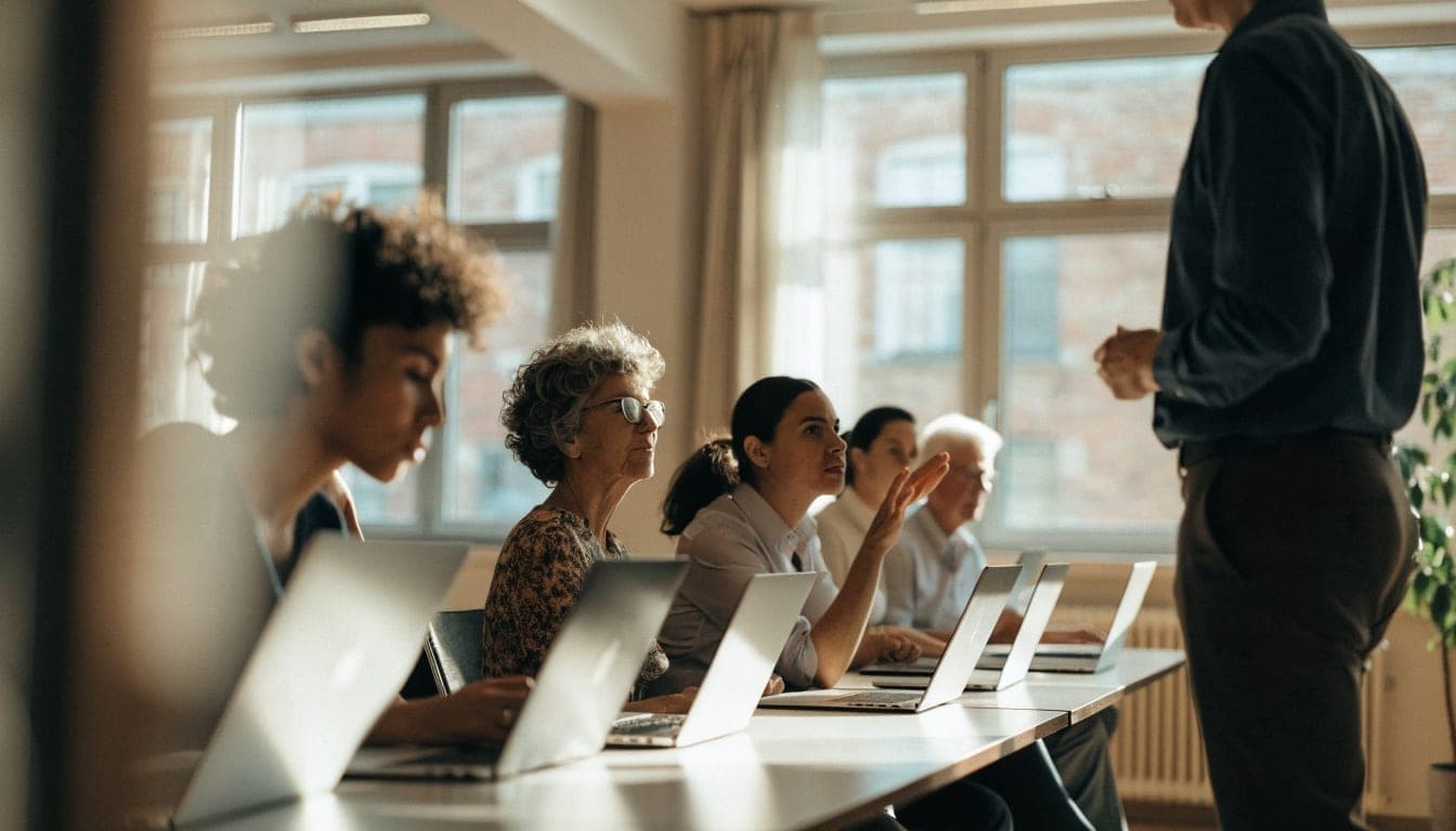 Medewerkers met laptops volgen een sessie over AI op kantoor, een trainer staat voor de groep