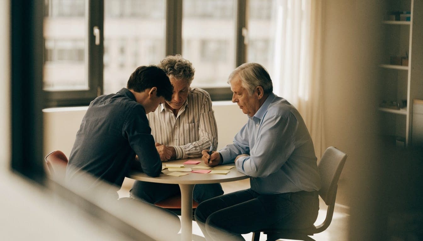 Drie mensen aan een ronde tafel ordenen gekleurde notitiebriefjes