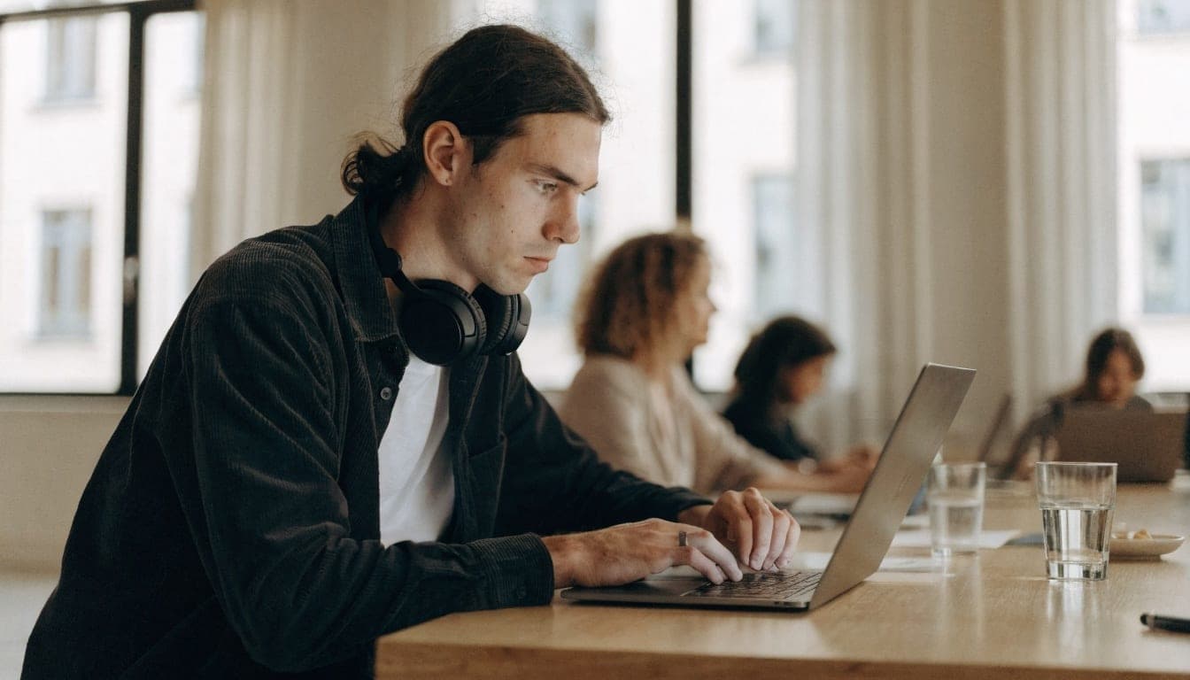 Medewerker werkt geconcentreerd op een laptop in een gedeelde kantoorruimte