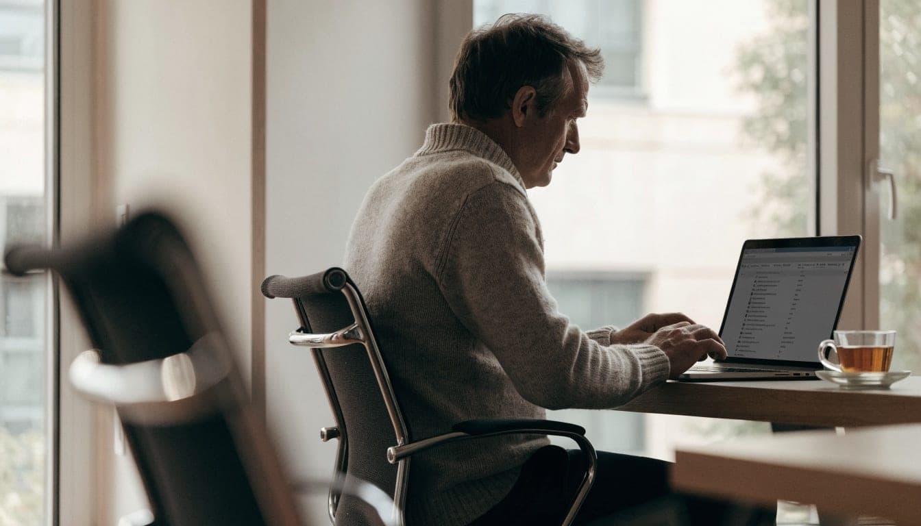 Man aan een bureau bij het raam die zijn Outlook-inbox doorwerkt op een laptop