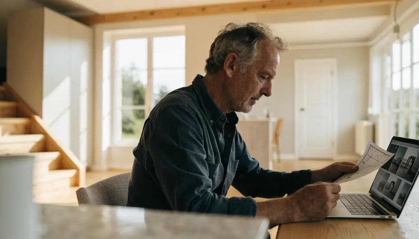 Een installateur bekijkt een tekening en foto's op een laptop in een opgeleverde woning