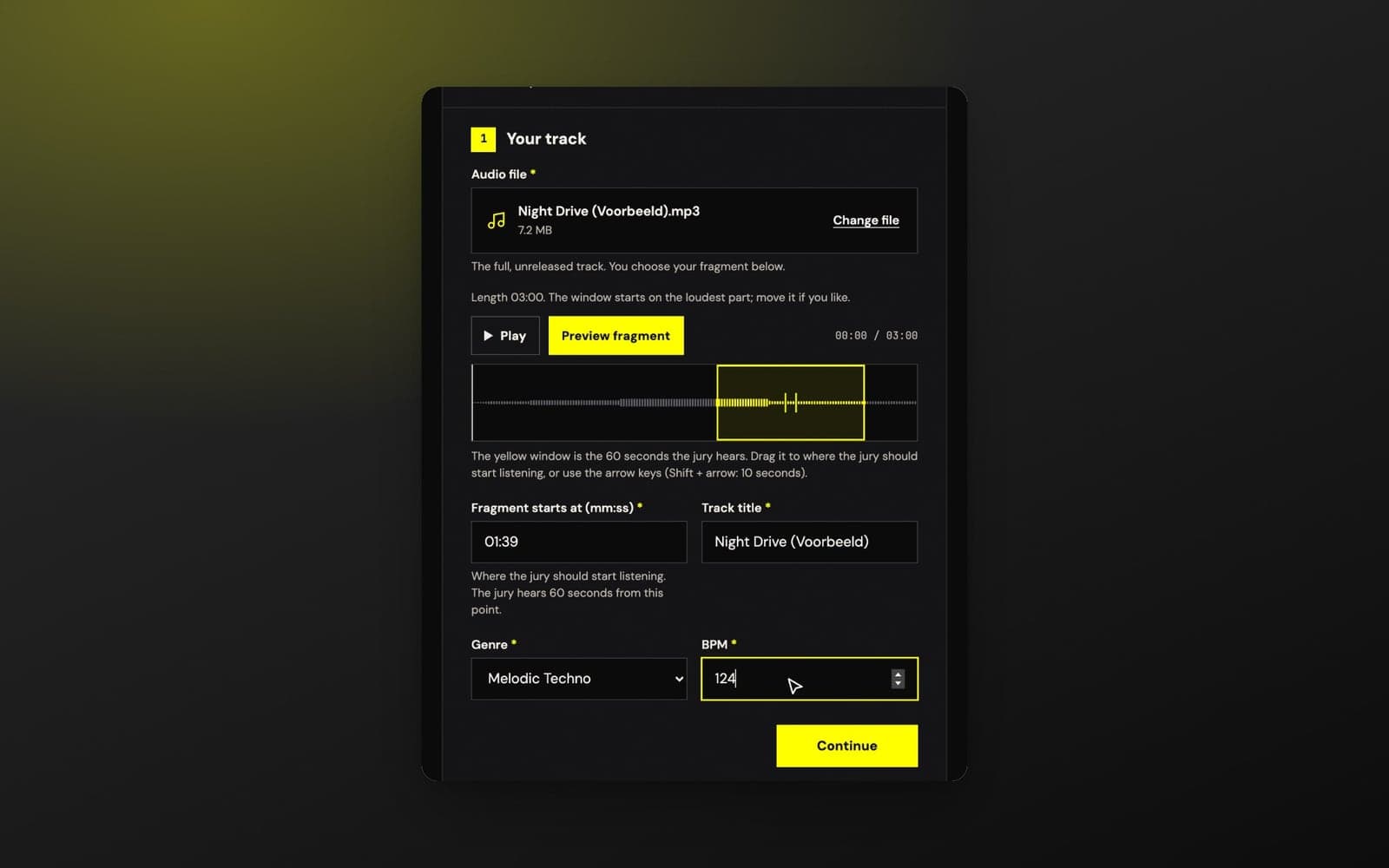 Het inzendformulier van de ADE demo submission, waarin een producer het fragment van 60 seconden kiest