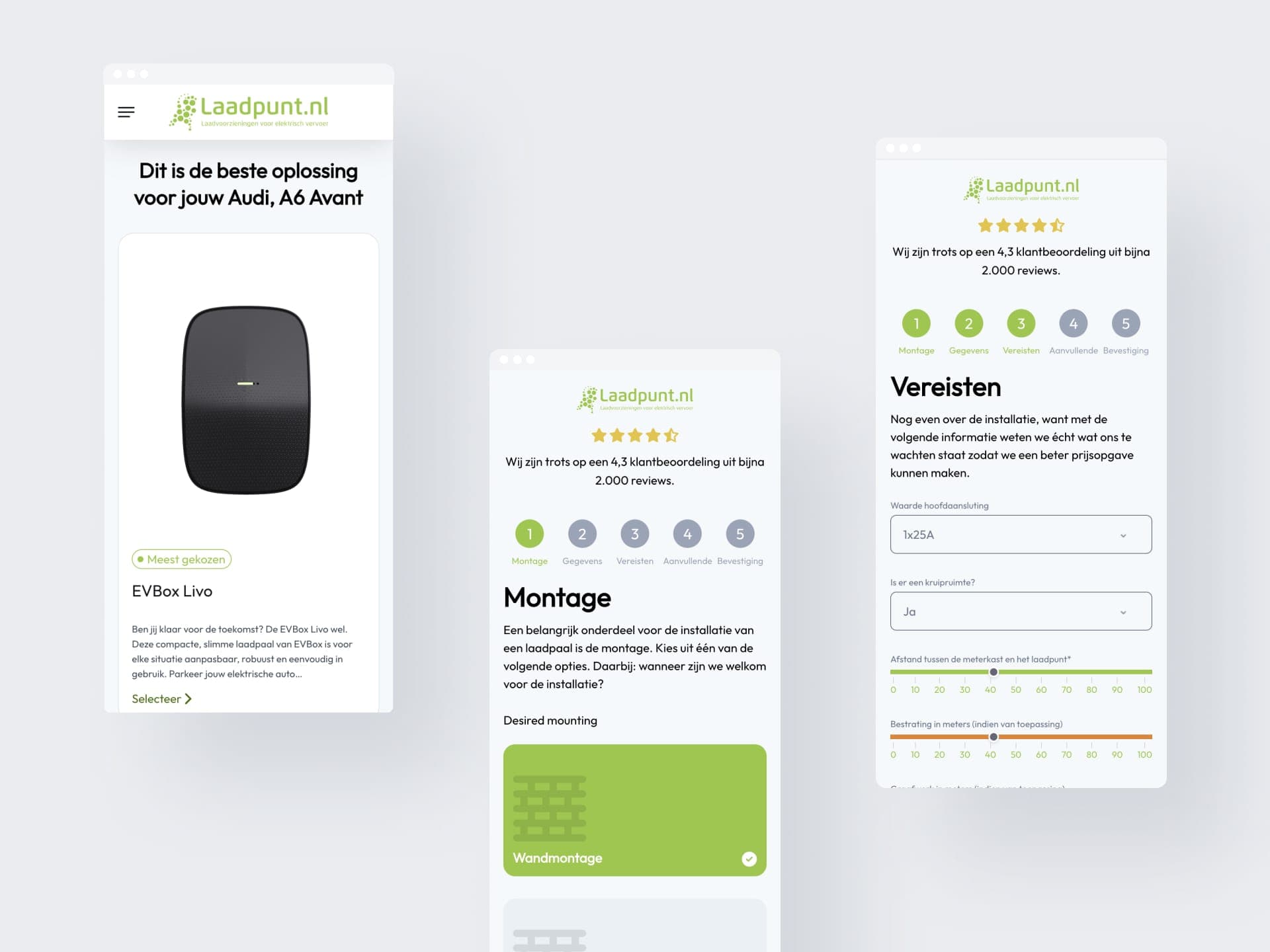 Drie schermen uit de configurator: het laadpaaladvies voor een specifieke auto, de montagekeuze en het vereistenformulier met schuifregelaars.