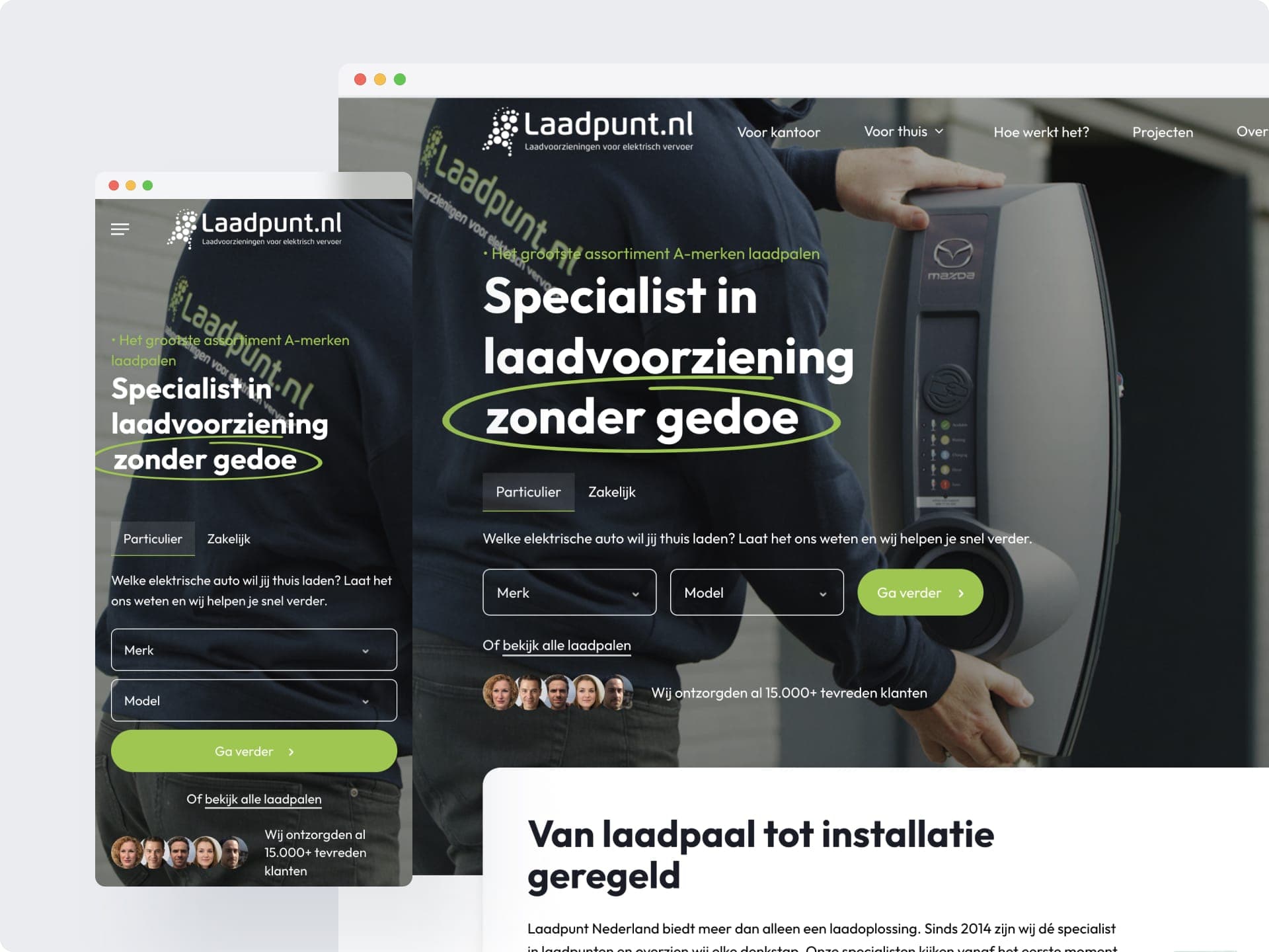 De homepage op telefoon en desktop: "Specialist in laadvoorziening zonder gedoe", met keuzevelden voor merk en model van de auto.