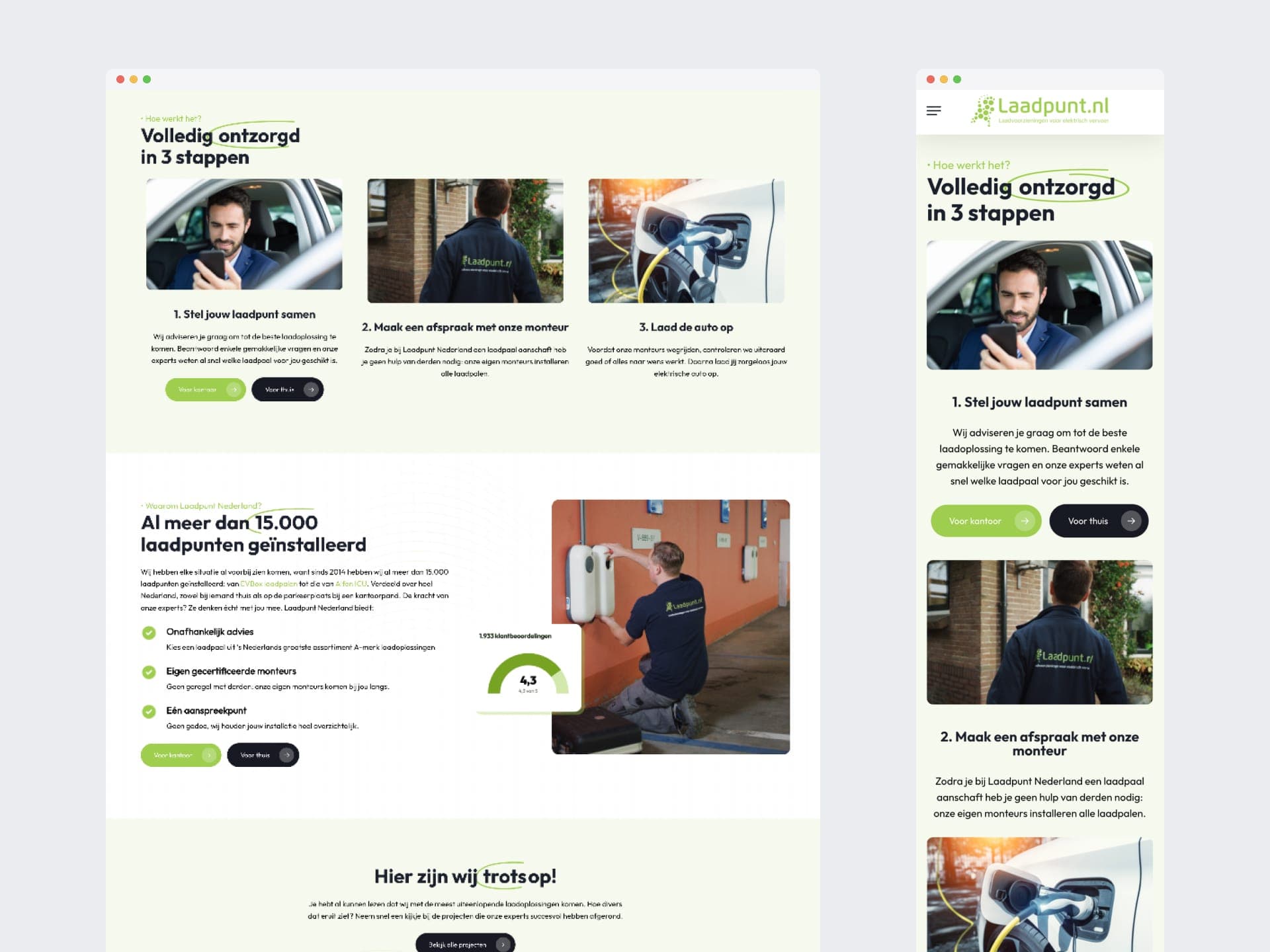 De uitleg "Volledig ontzorgd in 3 stappen" op desktop en telefoon: laadpunt samenstellen, afspraak met de monteur en de auto opladen.