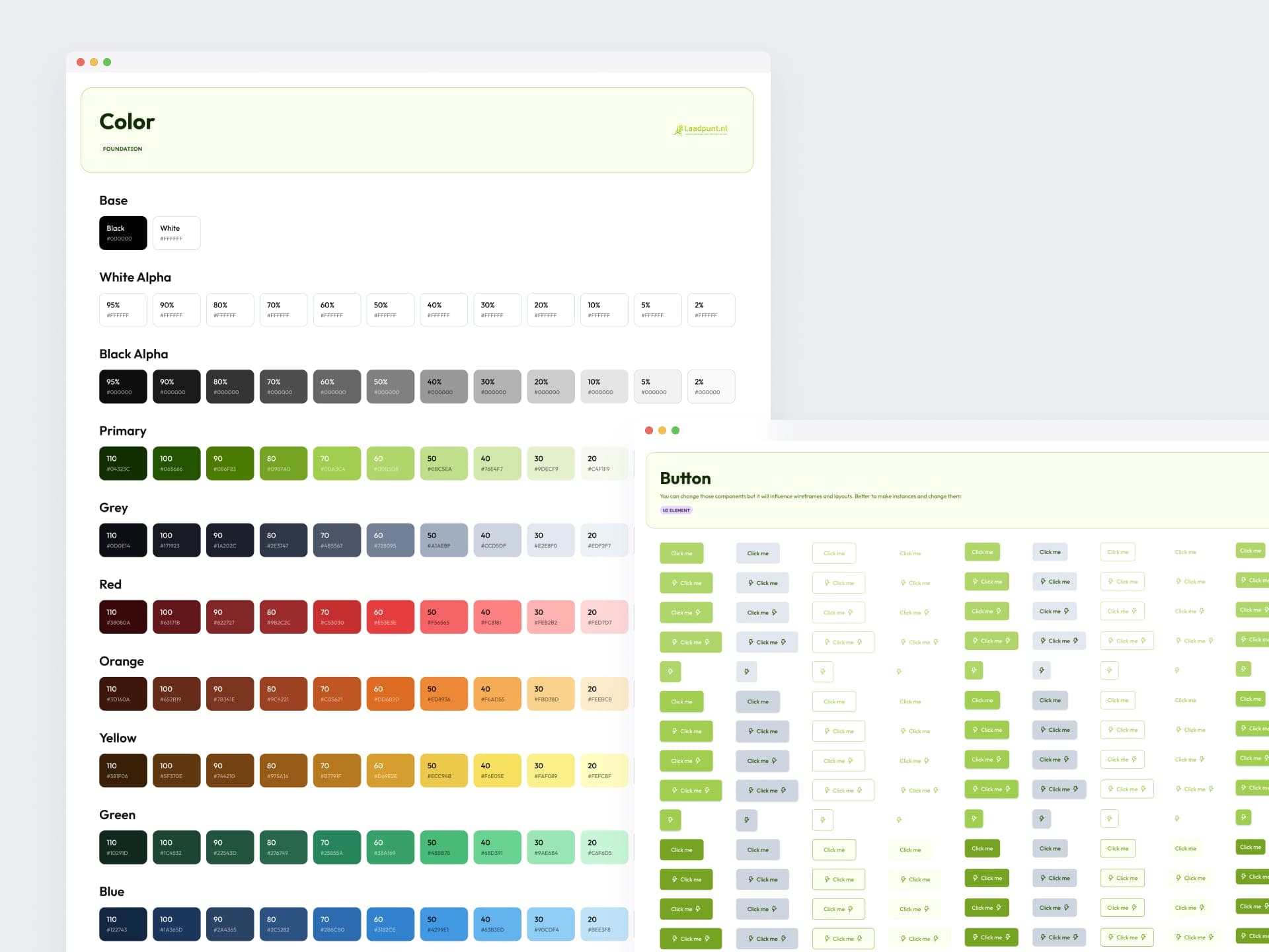 Twee pagina’s uit het designsysteem: de kleurenfoundation met alle tinten en een overzicht van de knopvarianten.