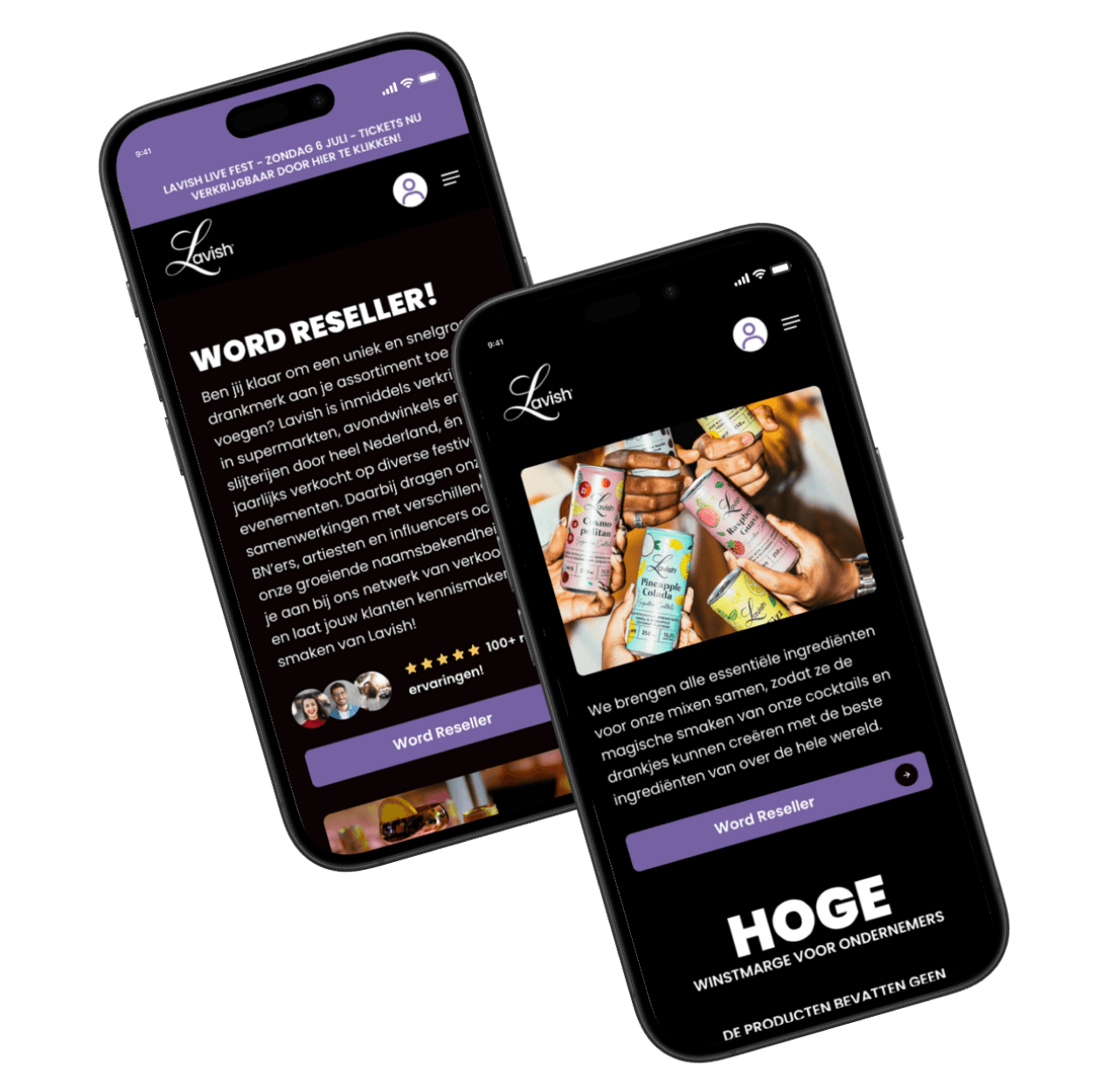 De zakelijke pagina van Lavish op twee telefoons, met de oproep om reseller te worden