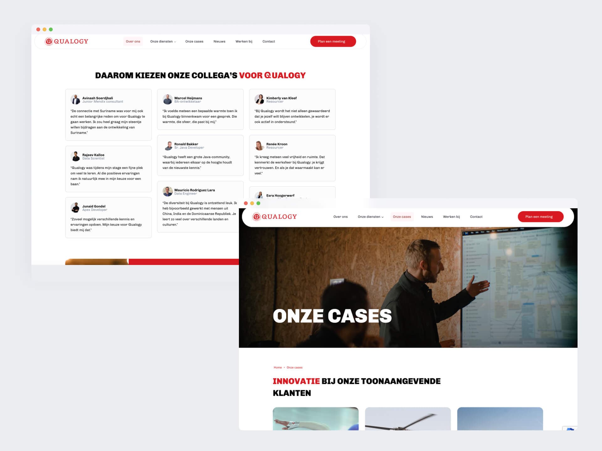Twee browservensters: de pagina met verhalen van medewerkers over werken bij Qualogy, en het case-overzicht met een foto van een presentatie.
