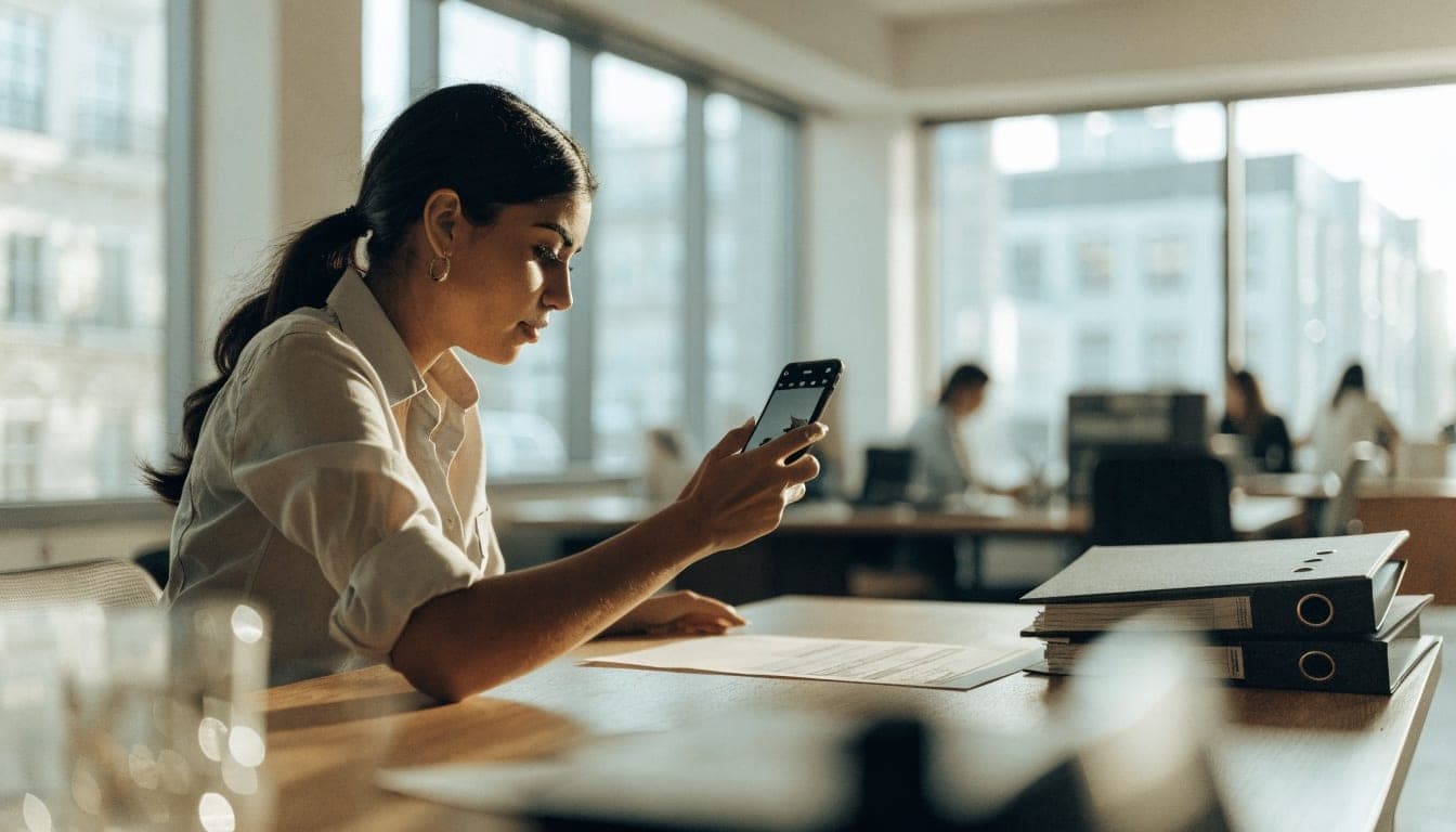 Medewerker op kantoor bekijkt een document op haar telefoon naast een stapel ordners