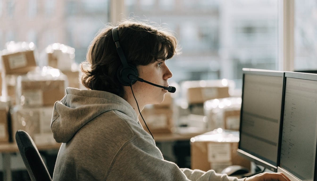 Medewerker met headset achter twee schermen in een magazijnkantoor, waar een AI-agent mail en tickets kan voorsorteren