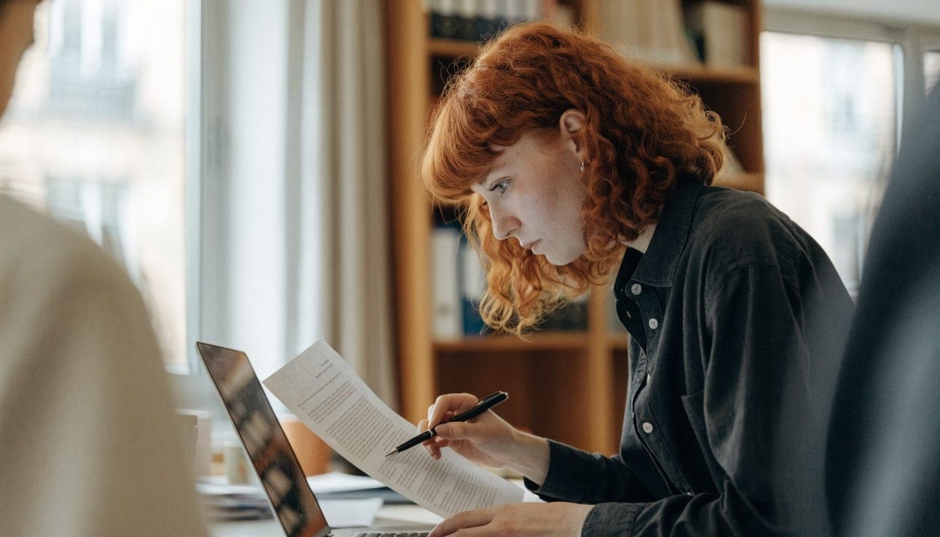 Vrouw controleert een uitgeprinte tekst met een pen in de hand naast haar laptop