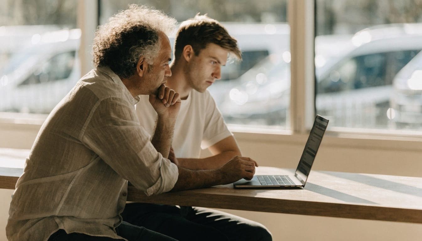 Twee collega's kijken samen naar een laptop bij het kiezen van een eerste AI-toepassing