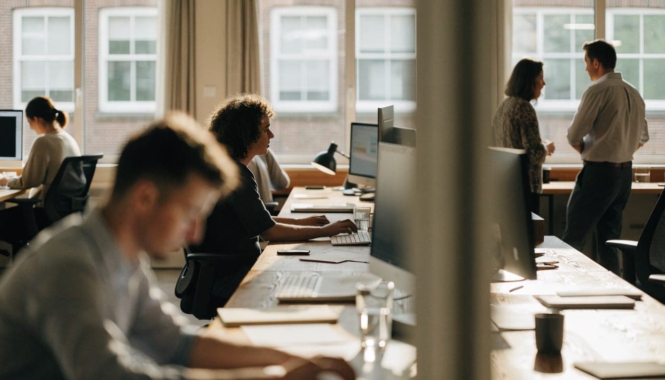 Kantoor van een MKB-bedrijf met medewerkers aan hun bureau en twee collega's in overleg