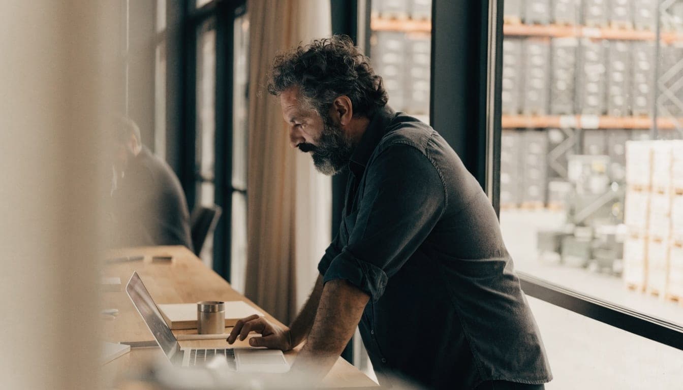 Medewerker van een groothandel werkt staand aan een laptop met het magazijn op de achtergrond