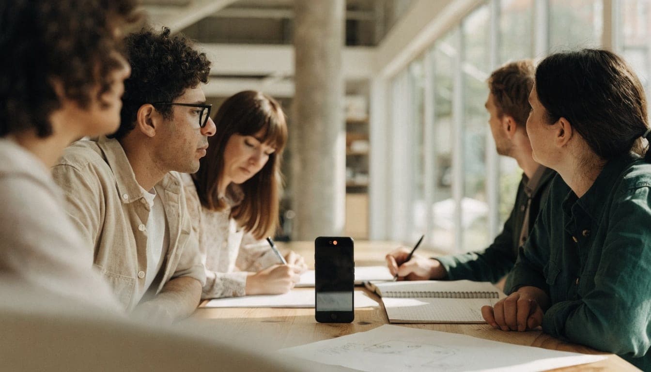 Overleg aan een lange tafel met een telefoon in het midden die het gesprek opneemt