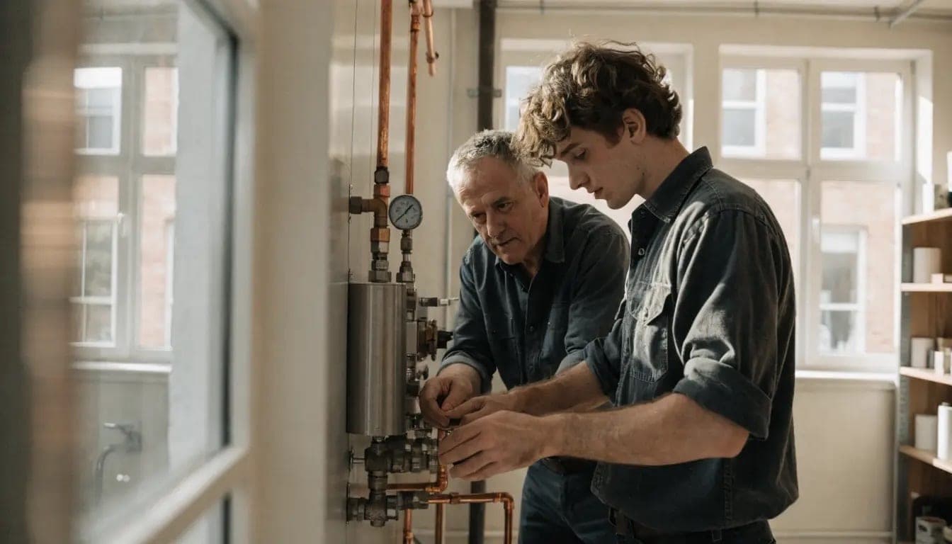Een ervaren monteur werkt samen met een jonge collega aan een installatie met leidingwerk en een manometer