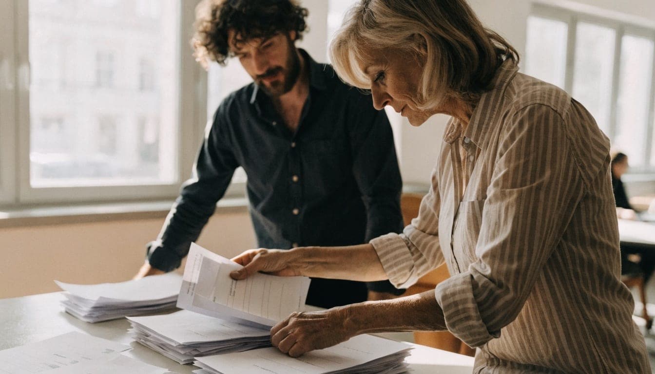 Twee collega's sorteren stapels papieren documenten op een bureau