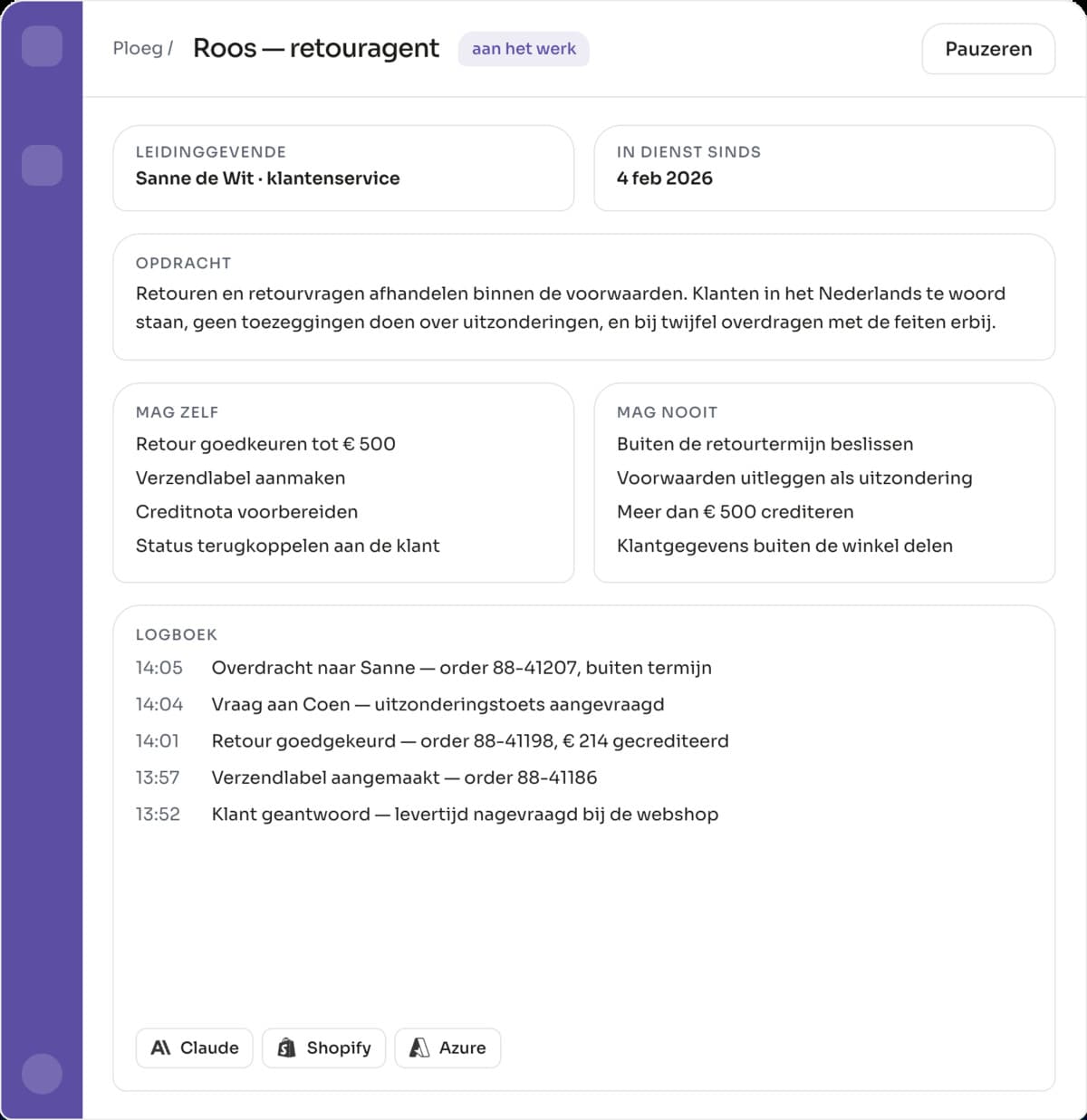 Detailscherm van één digitale collega met opdracht, bevoegdheden en logboek