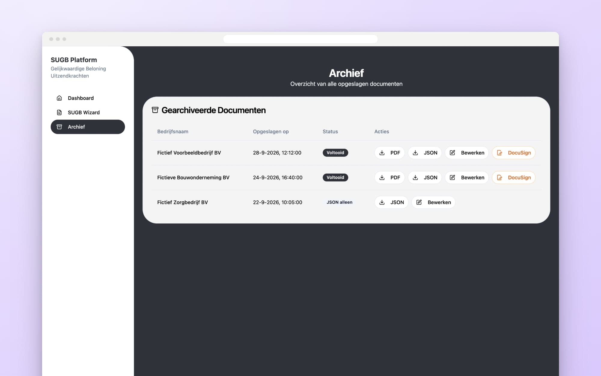 Voorbeeld met fictieve gegevens: het archief met per bedrijf de pdf, de antwoorden en de knop om verder te bewerken