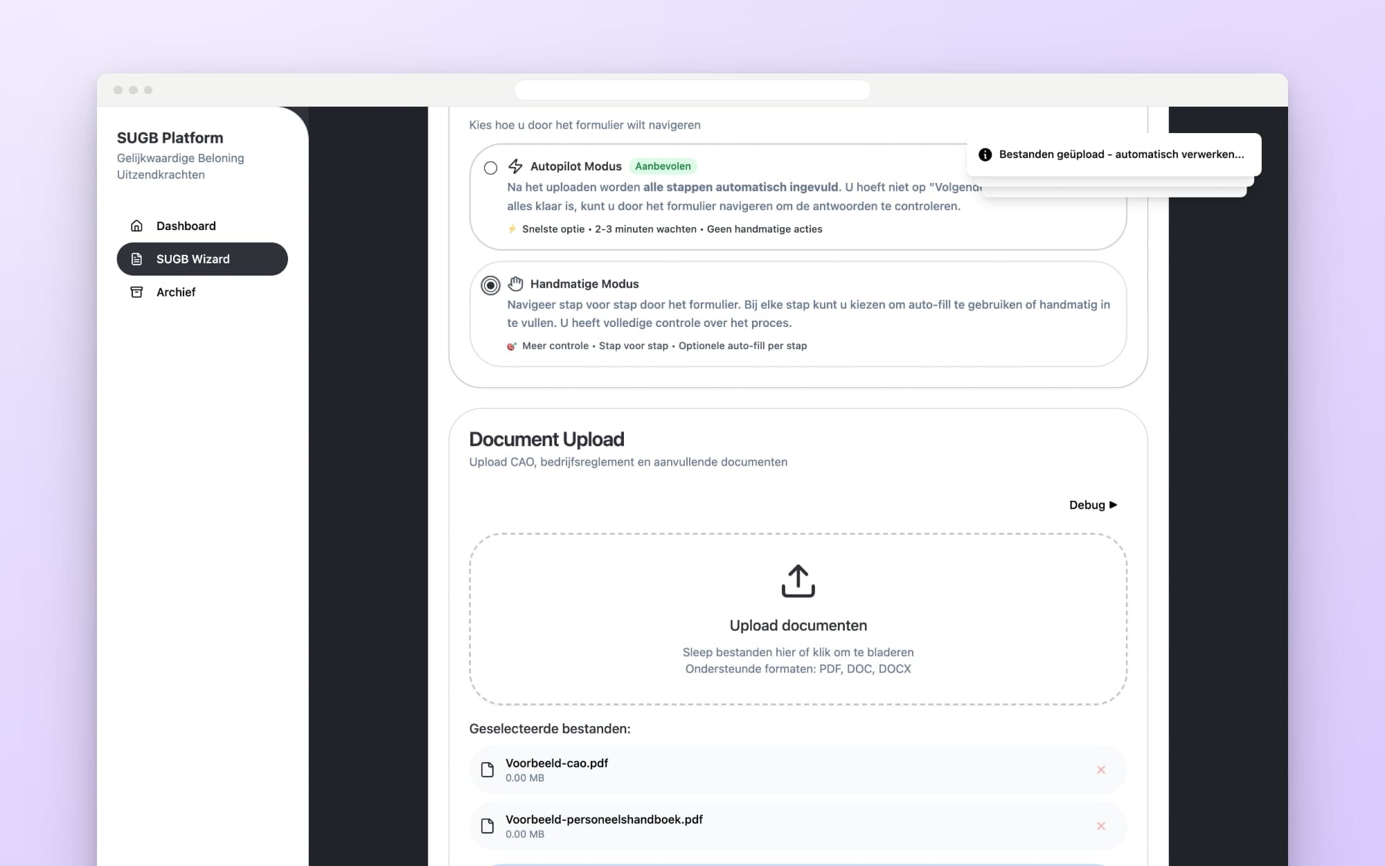 Voorbeeld met fictieve gegevens: de eerste stap van de assistent, met de keuze tussen autopilot en stap voor stap en twee geüploade pdf's