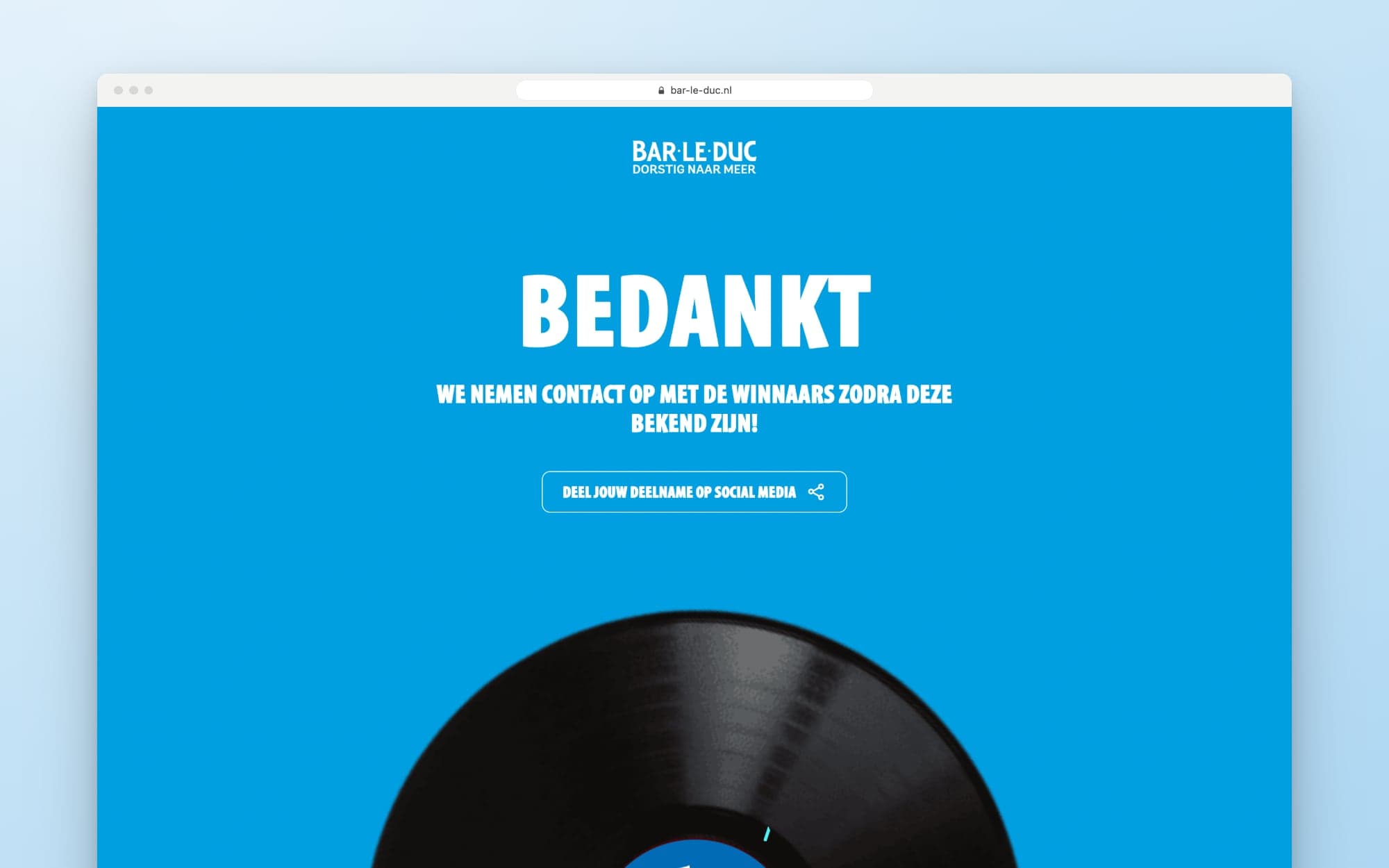 De bevestigingspagina na een inzending, met een knop om de deelname te delen