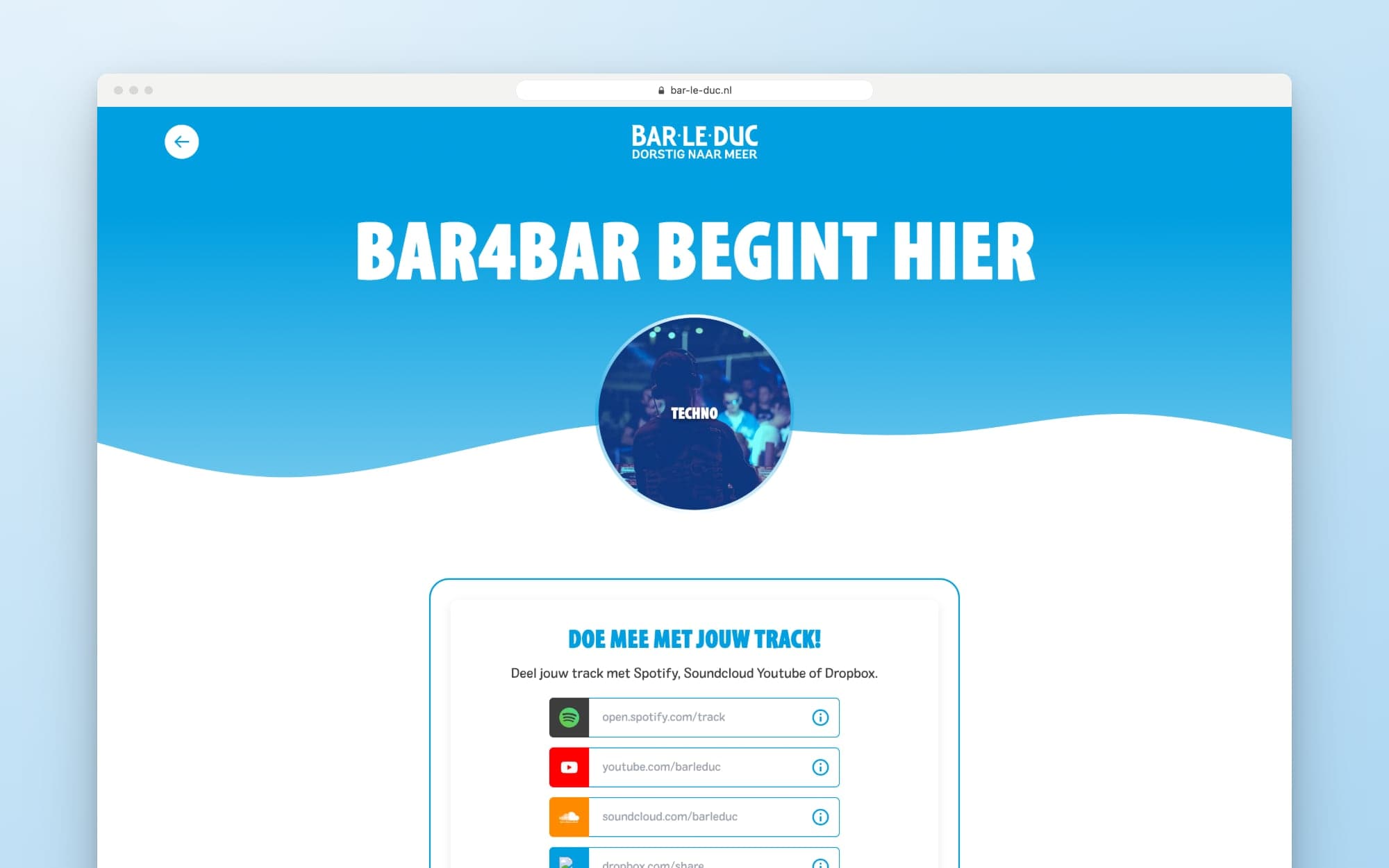 De genrepagina met het inzendformulier voor tracklinks van Spotify, YouTube, SoundCloud en Dropbox