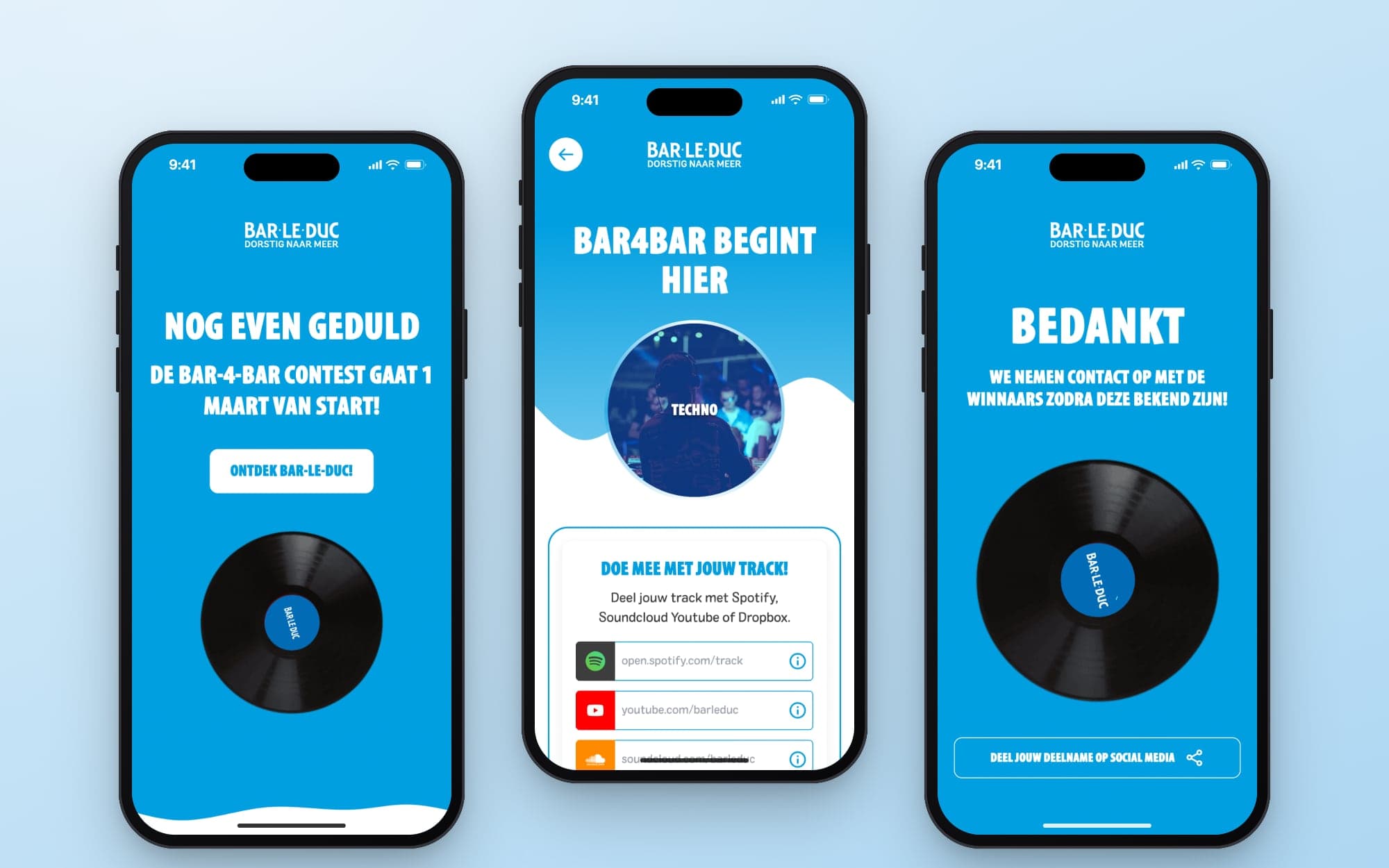 De campagne in drie fases op een telefoon: de aankondiging, het formulier en de bevestiging