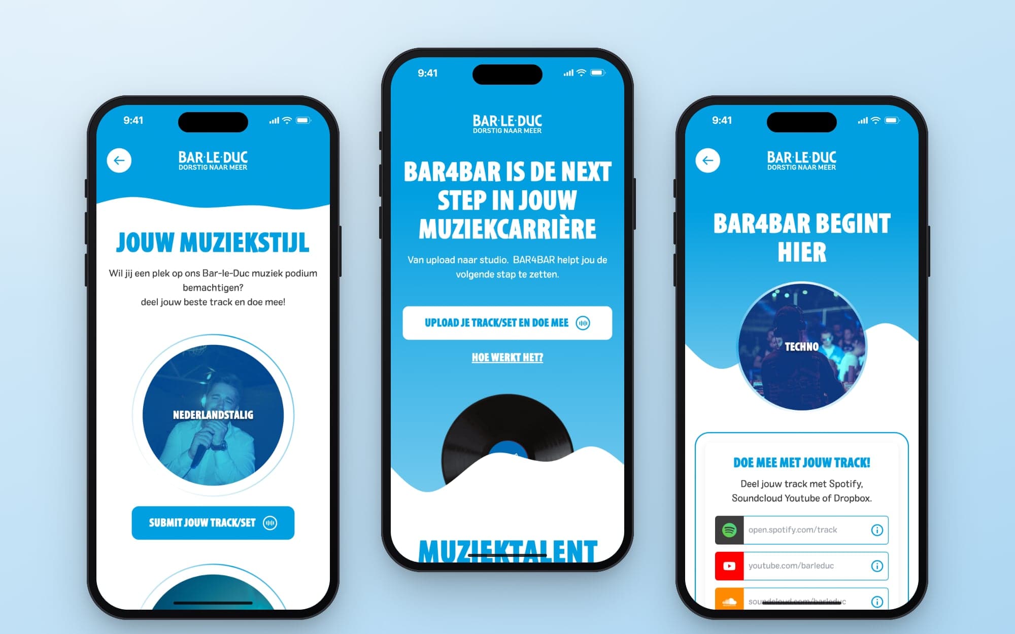 Drie schermen van Bar-4-Bar op een telefoon: de genres, de landingspagina en het formulier