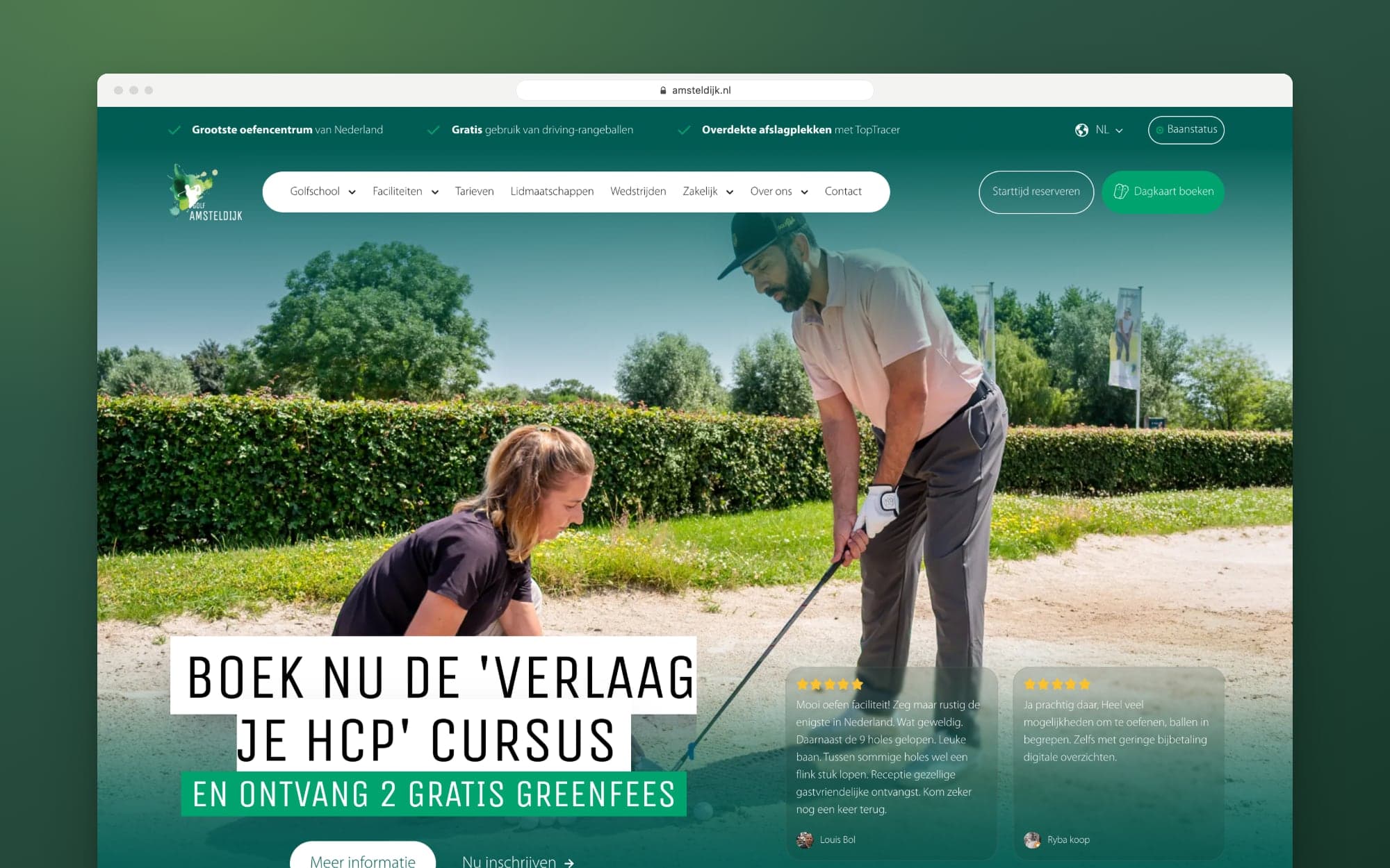 De homepage van amsteldijk.nl met de knop Dagkaart boeken rechtsboven