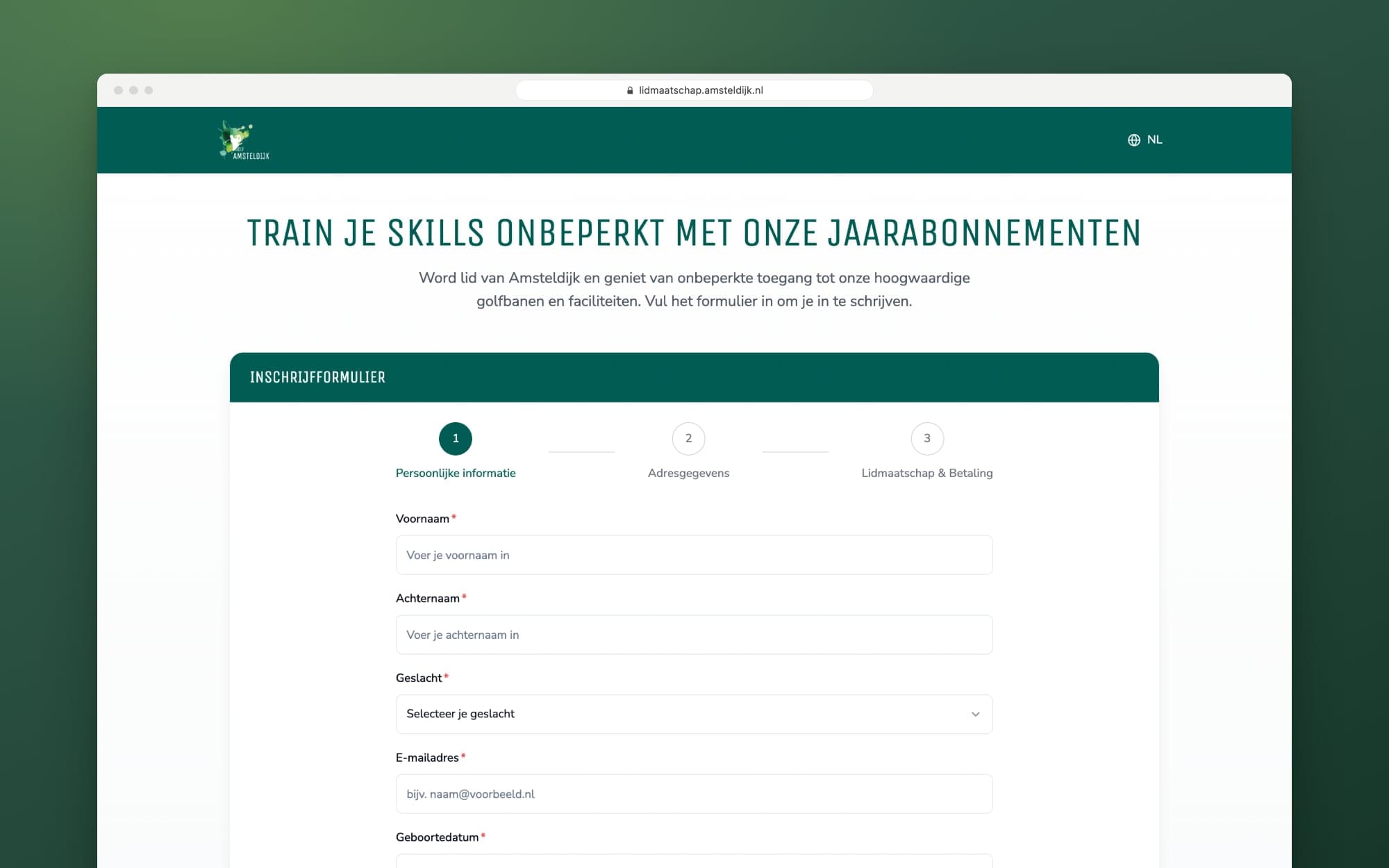 Het inschrijfformulier op lidmaatschap.amsteldijk.nl, stap 1: persoonlijke informatie