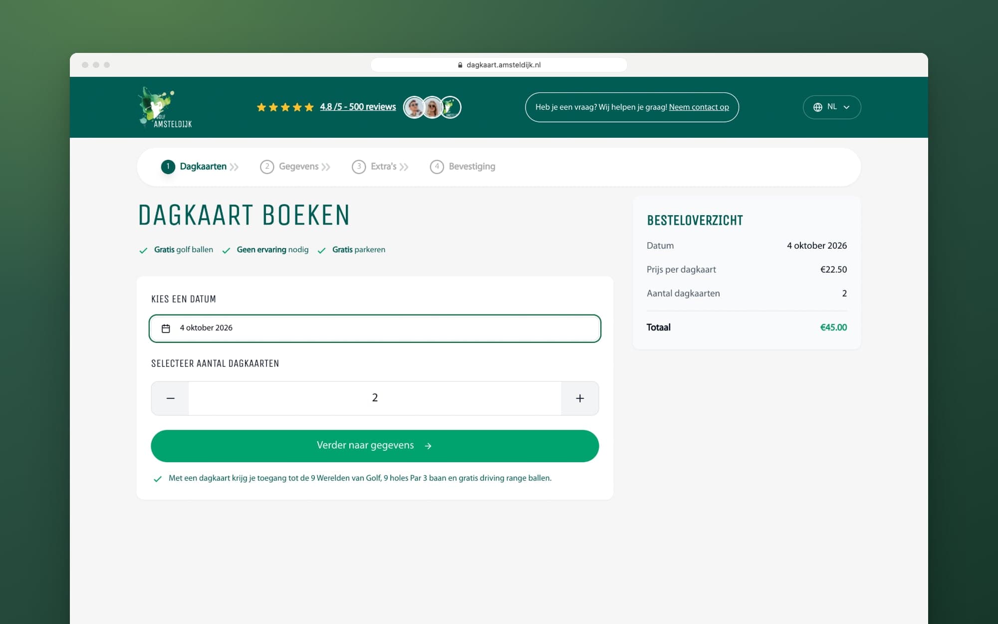 Stap 1 van de boekingsapp: een datum en twee dagkaarten gekozen, met het besteloverzicht ernaast
