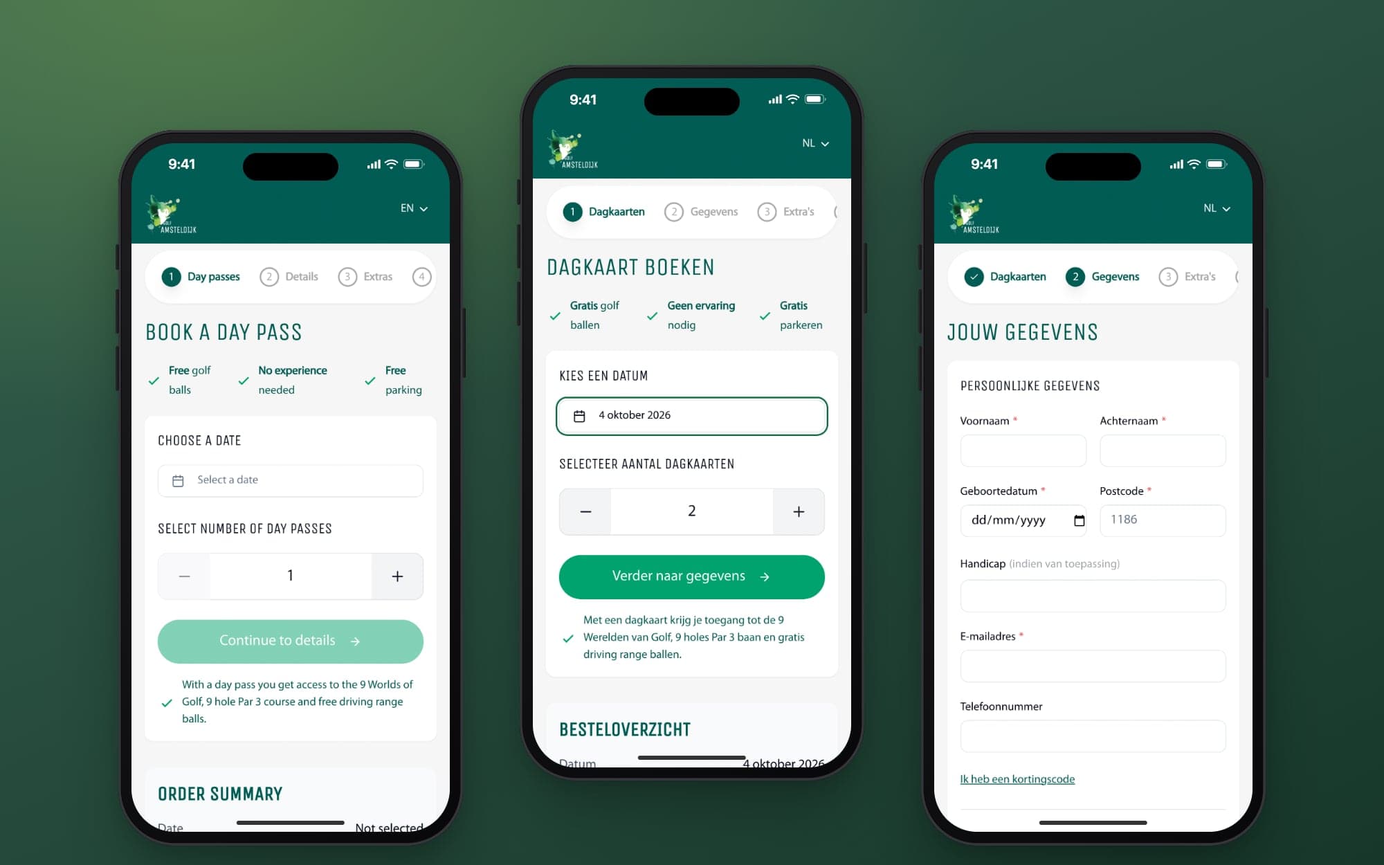 De boekingsapp op een telefoon: de Engelse versie, stap 1 en stap 2