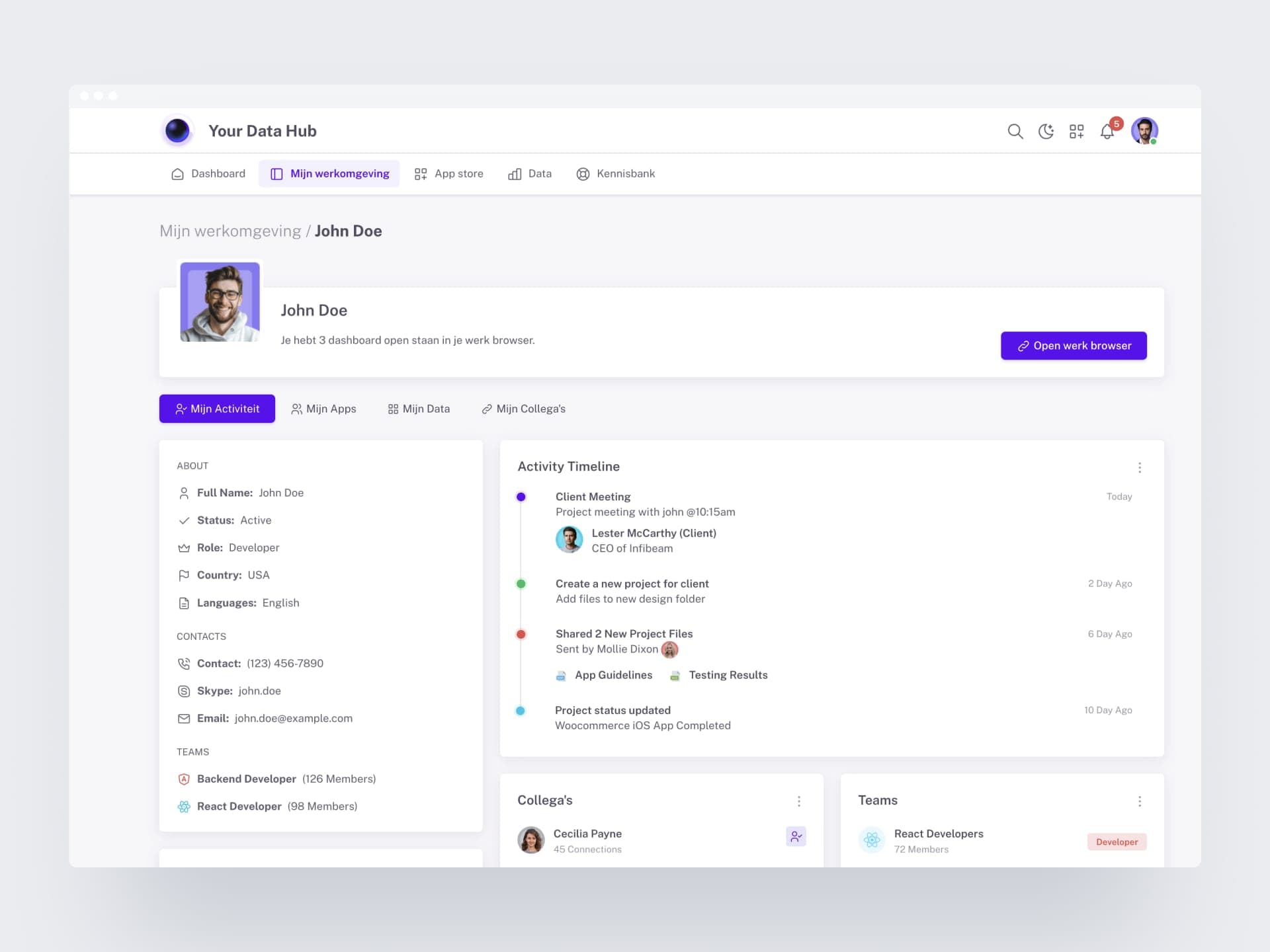 Het persoonlijke werkscherm in het platform: profielgegevens links, een activiteitentijdlijn in het midden en blokken met collega’s en teams.