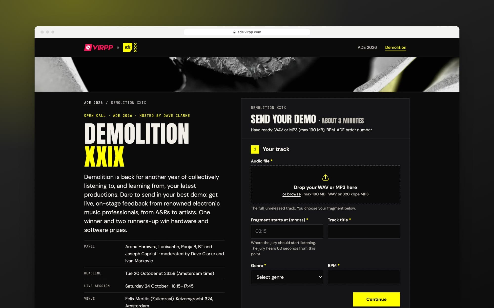 De pagina van Demolition XXIX op ade.virpp.com, met het panel, de deadline en het inzendformulier