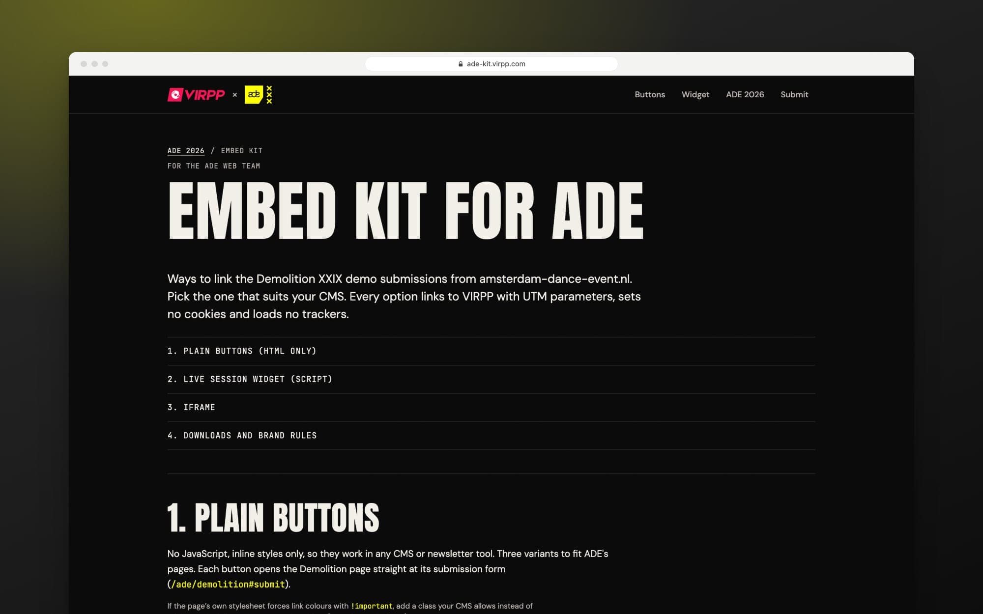 De embedkit voor het webteam van ADE, met knoppen, een widget, een iframe en de merkregels