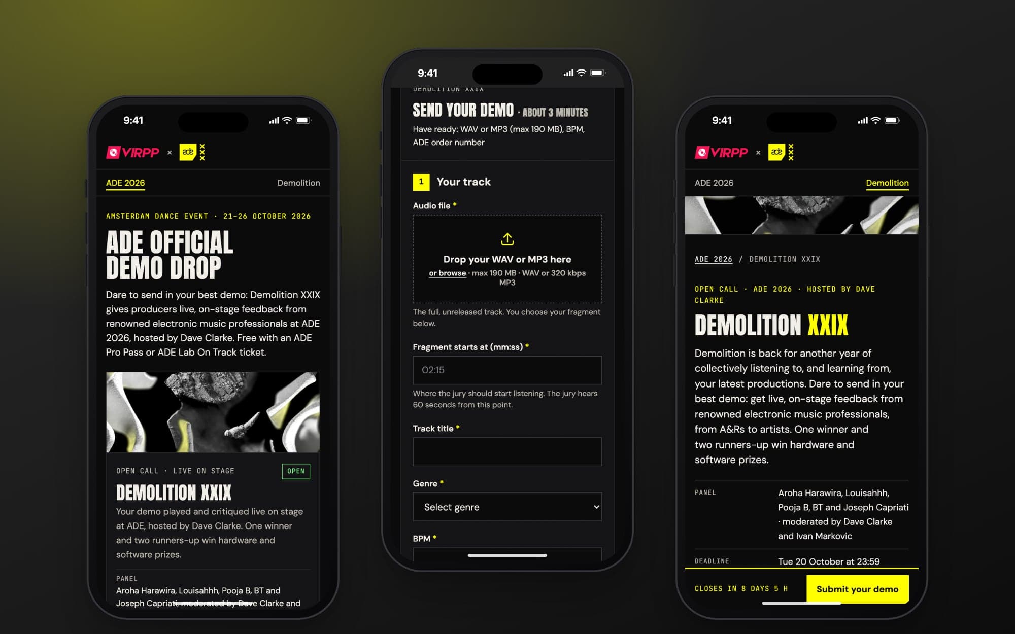 De ADE demo submission op een telefoon: de overzichtspagina, het inzendformulier en de pagina van Demolition XXIX