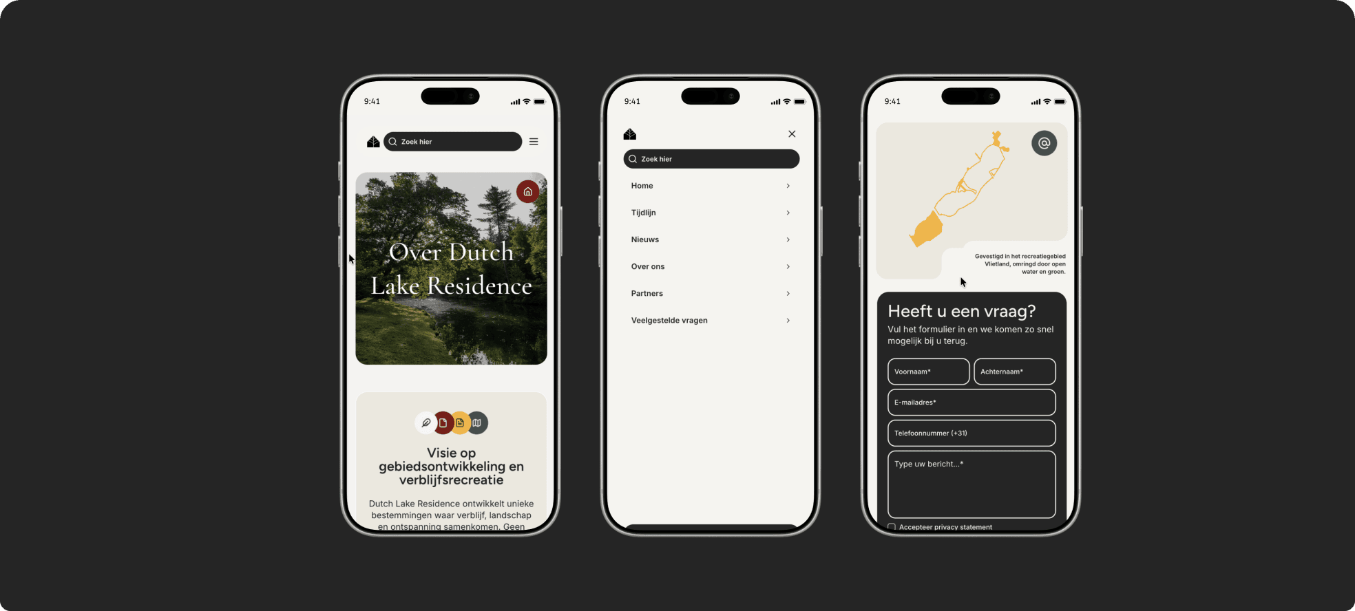 Drie telefoonschermen: de pagina Over Dutch Lake Residence, het uitgeklapte menu en het contactformulier met een kaart van het gebied.