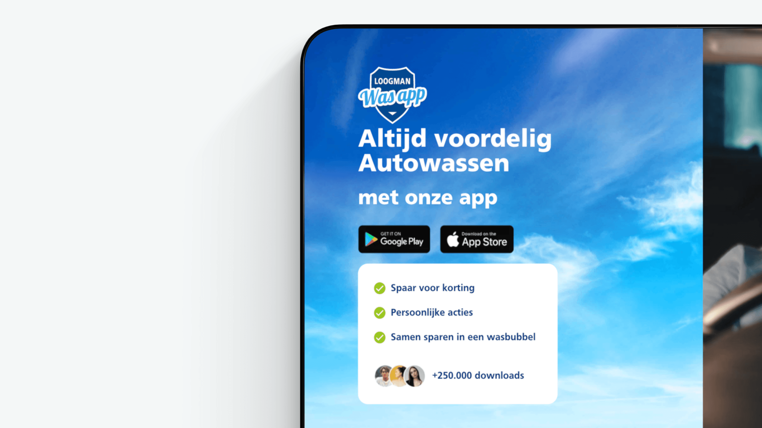 De downloadpagina van de Loogman Was App met de app-store knoppen