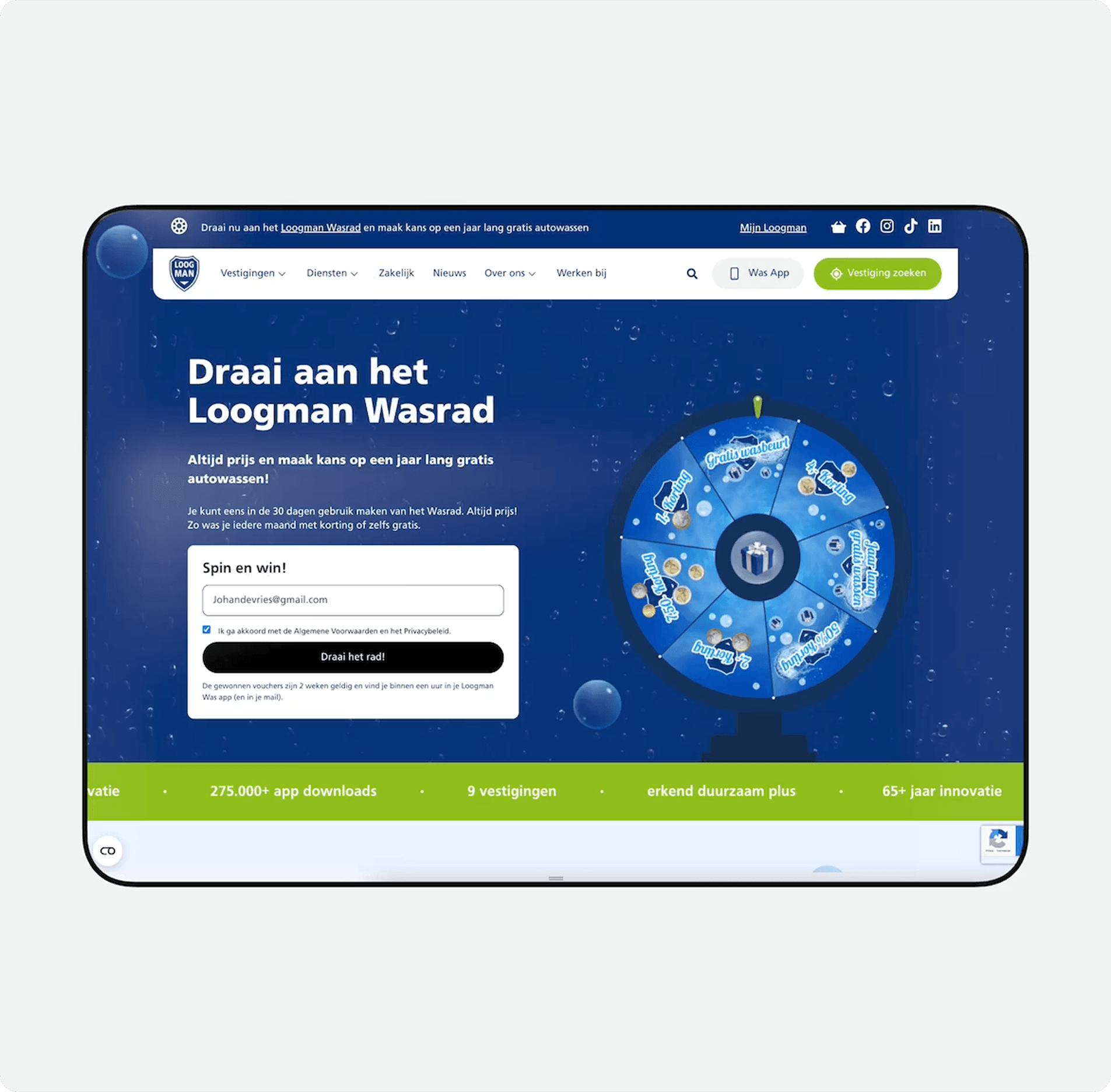 De Wasrad-pagina waarop klanten korting of een gratis wasbeurt winnen
