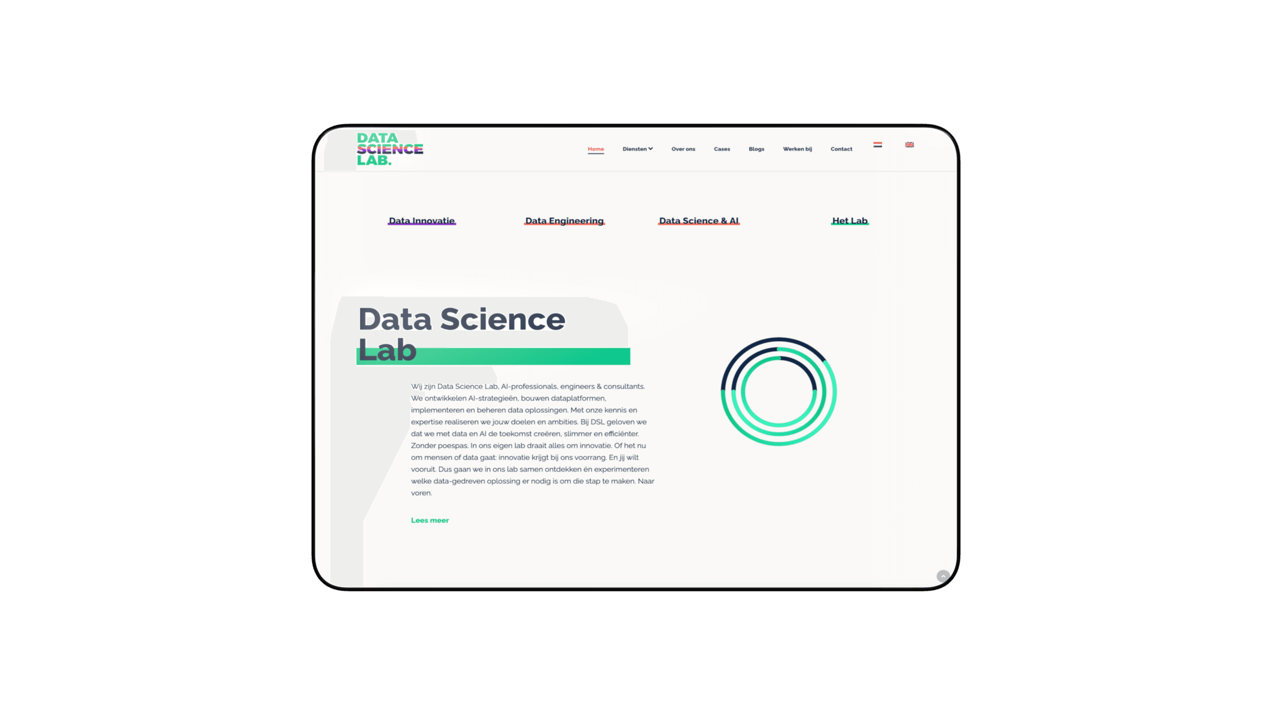 De oude website van Data Science Lab: vier dienstlinks boven een introductie over het lab, met een cirkelvormig beeldmerk ernaast.