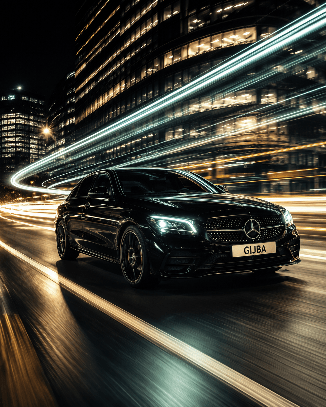 Zwarte Mercedes met GIJBA-kenteken op een verlichte stadsweg, het openingsbeeld van het financial-leaseplatform.