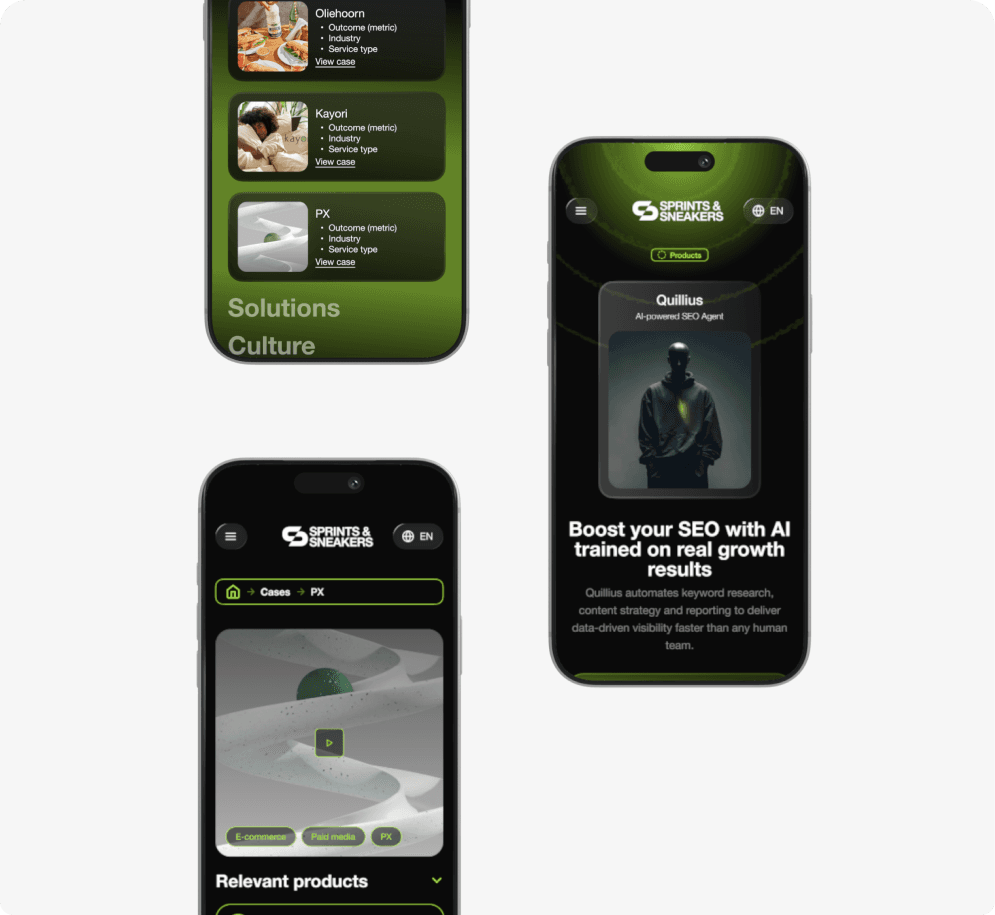Drie iPhones met de mobiele weergave van het Sprints en Sneakers platform: Upcoming Events overzicht, een case detailpagina en de festival lineup met team profielen