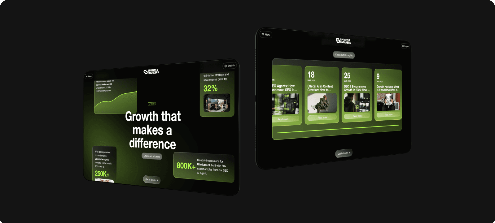 Twee tablets tonen het Sprints en Sneakers headless platform met de Quilius AI-powered SEO productpagina en de Our Values sectie met genummerde kaarten