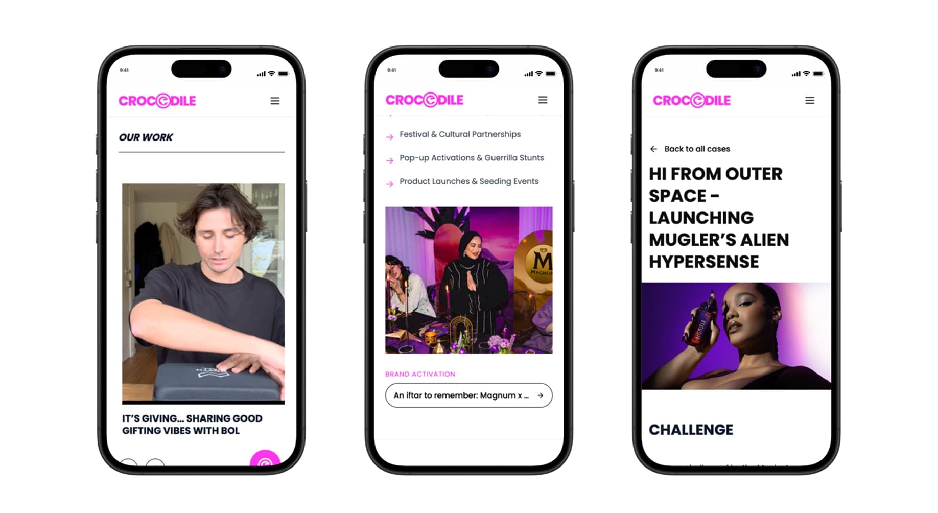 Drie telefoonschermen: het werkoverzicht, de dienstenlijst met brand activations en een casepagina over de lancering van Mugler Alien Hypersense.