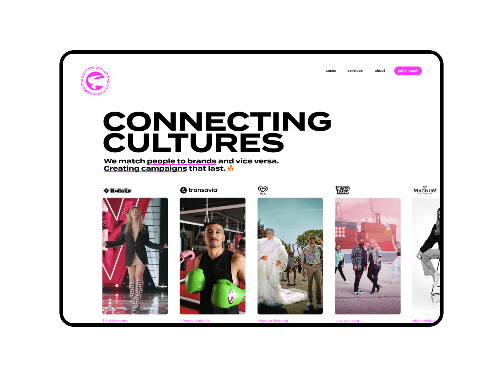 De homepage met de kop "Connecting cultures" en een rij campagnekaarten voor Bolletje, Transavia, Ola, Auto Drop en Magnum.
