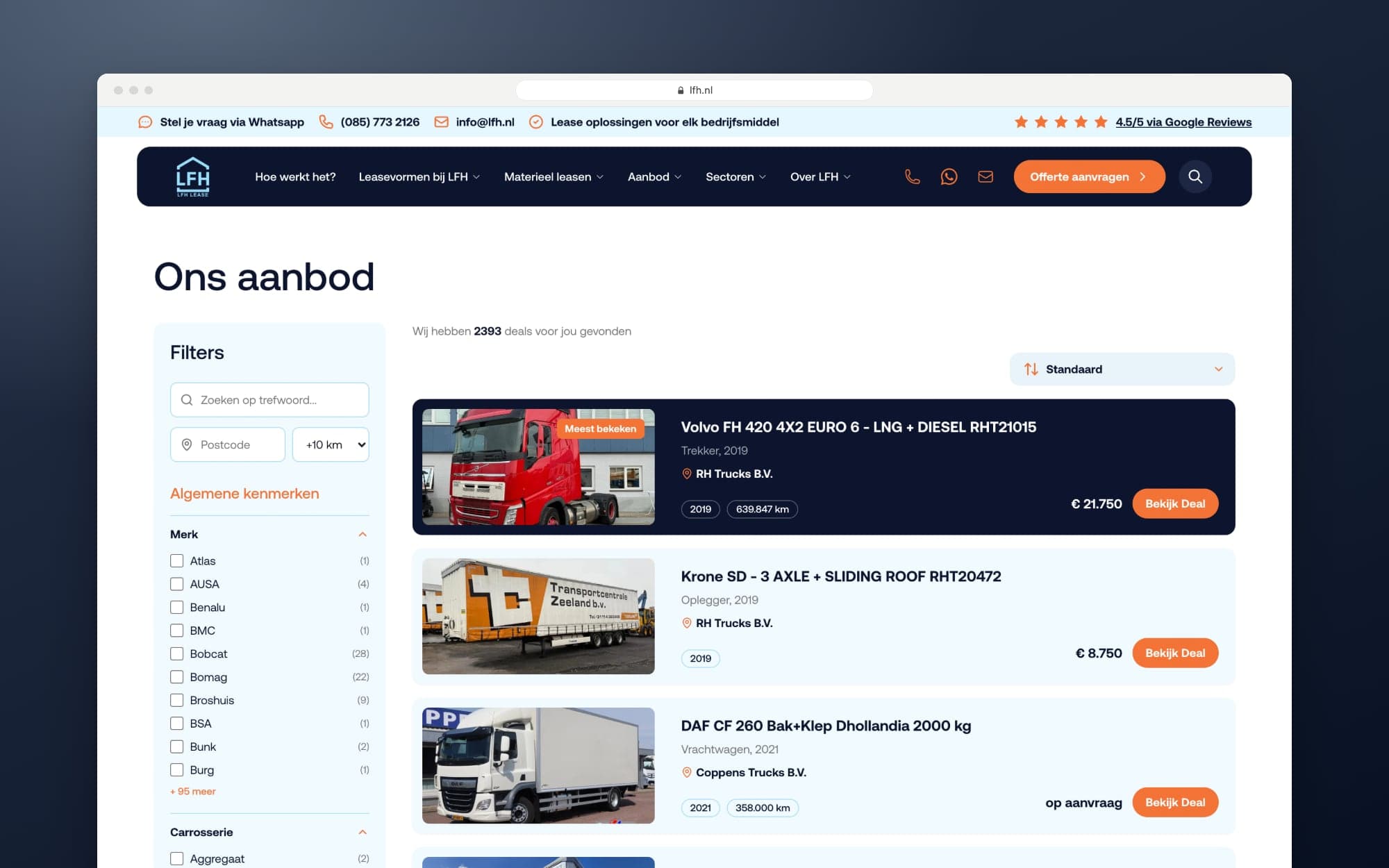 Het aanbod op lfh.nl, met filters op merk en carrosserie en een lijst objecten met prijs