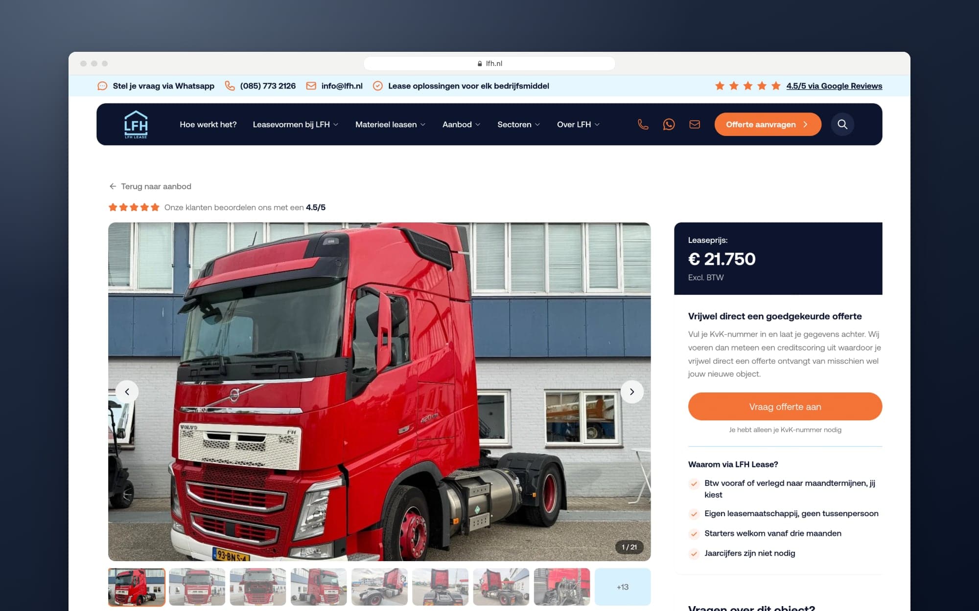 De pagina van een vrachtwagen in het aanbod, met foto's, prijs, offerteknop en de voordelen van leasen via LFH