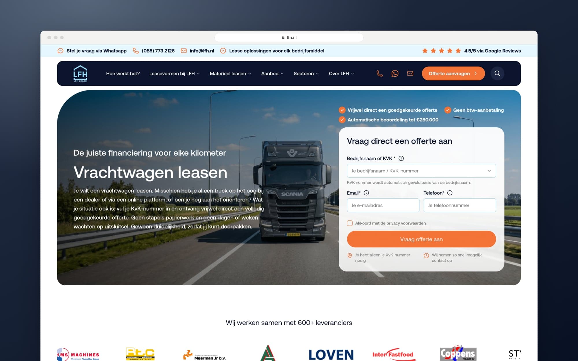 De pagina Vrachtwagen leasen, met uitleg en het offerteformulier bovenaan