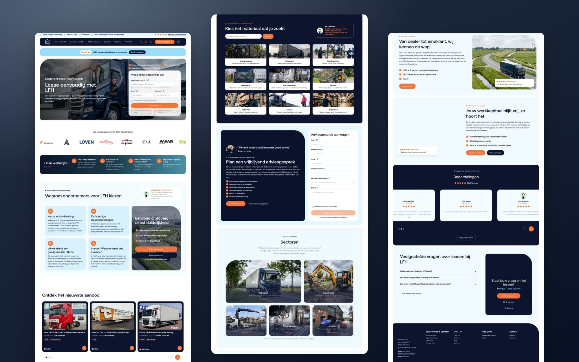 De homepage van lfh.nl van boven naar beneden, in drie kolommen