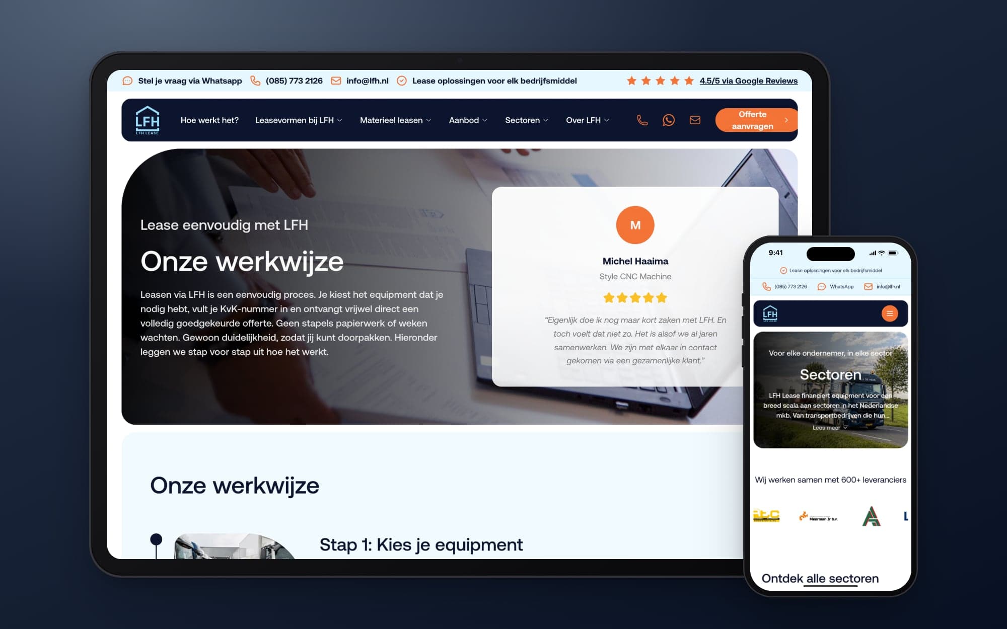 De pagina over de werkwijze op een tablet, met ervoor de pagina over sectoren op een telefoon